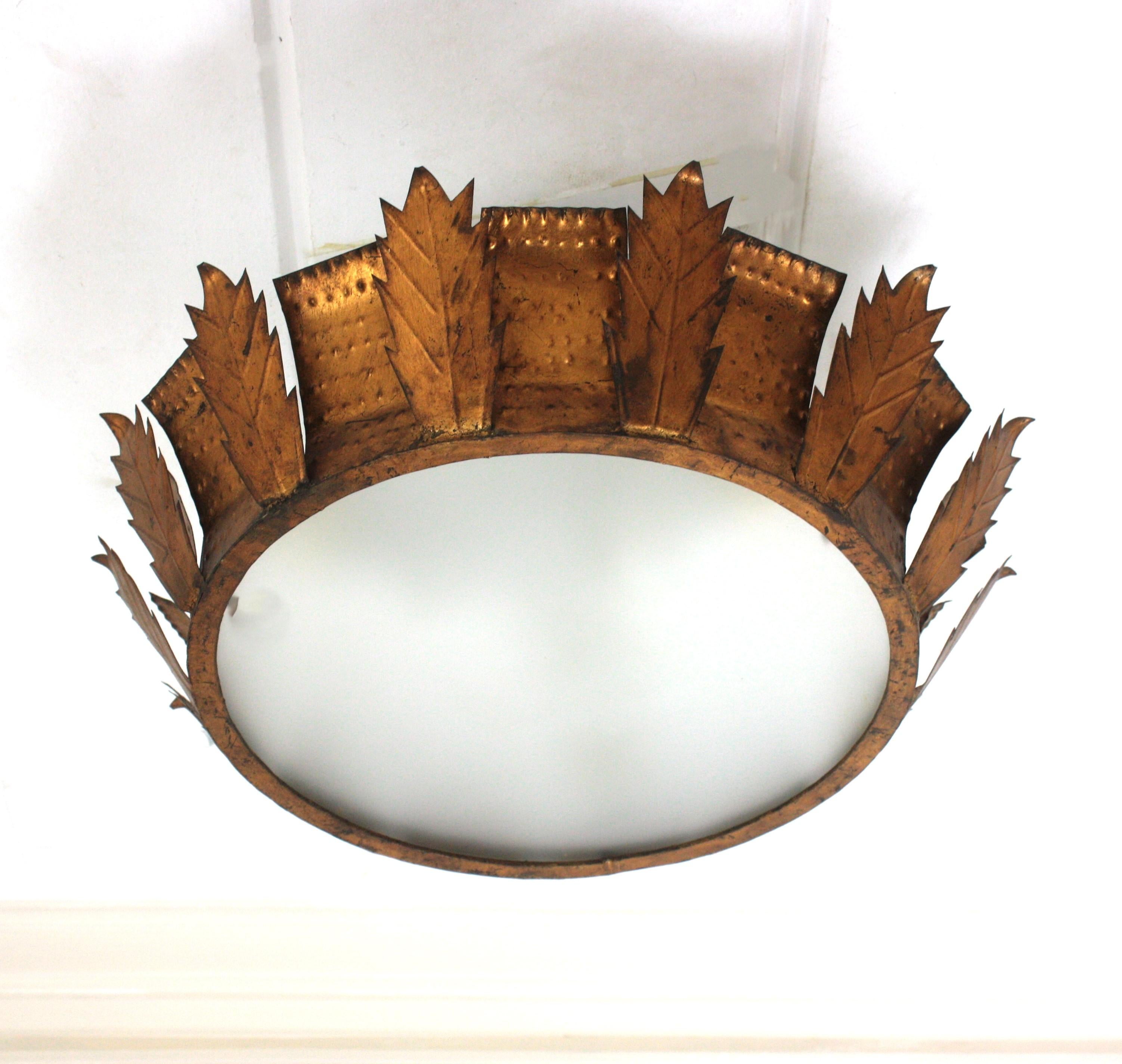Sunburst Crown Brutalist Ceiling Flush Mount or Pendant in Gilt Iron  For Sale 1
