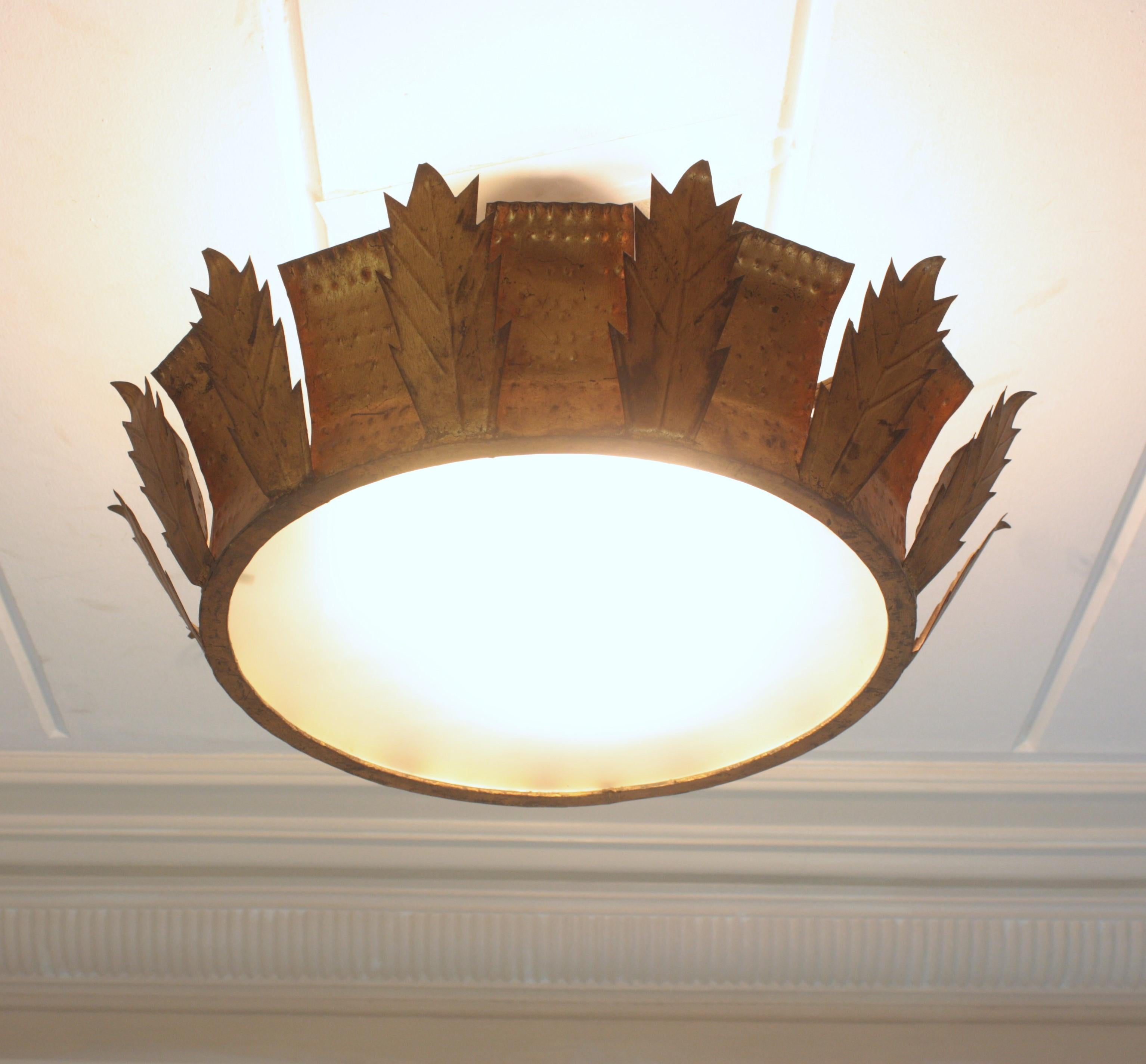 Sunburst Crown Brutalist Ceiling Flush Mount or Pendant in Gilt Iron  For Sale 2