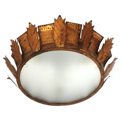 Sunburst Crown Brutalist Ceiling Flush Mount or Pendant in Gilt Iron 