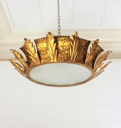 Sunburst Crown Brutalist Ceiling Flush Mount or Pendant in Gilt Iron