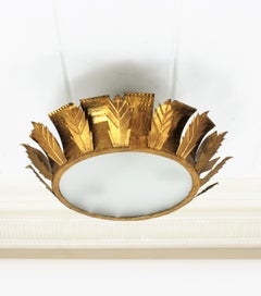 Sunburst Crown Brutalist Flushmount Light Fixture or Pendant in Gilt Iron