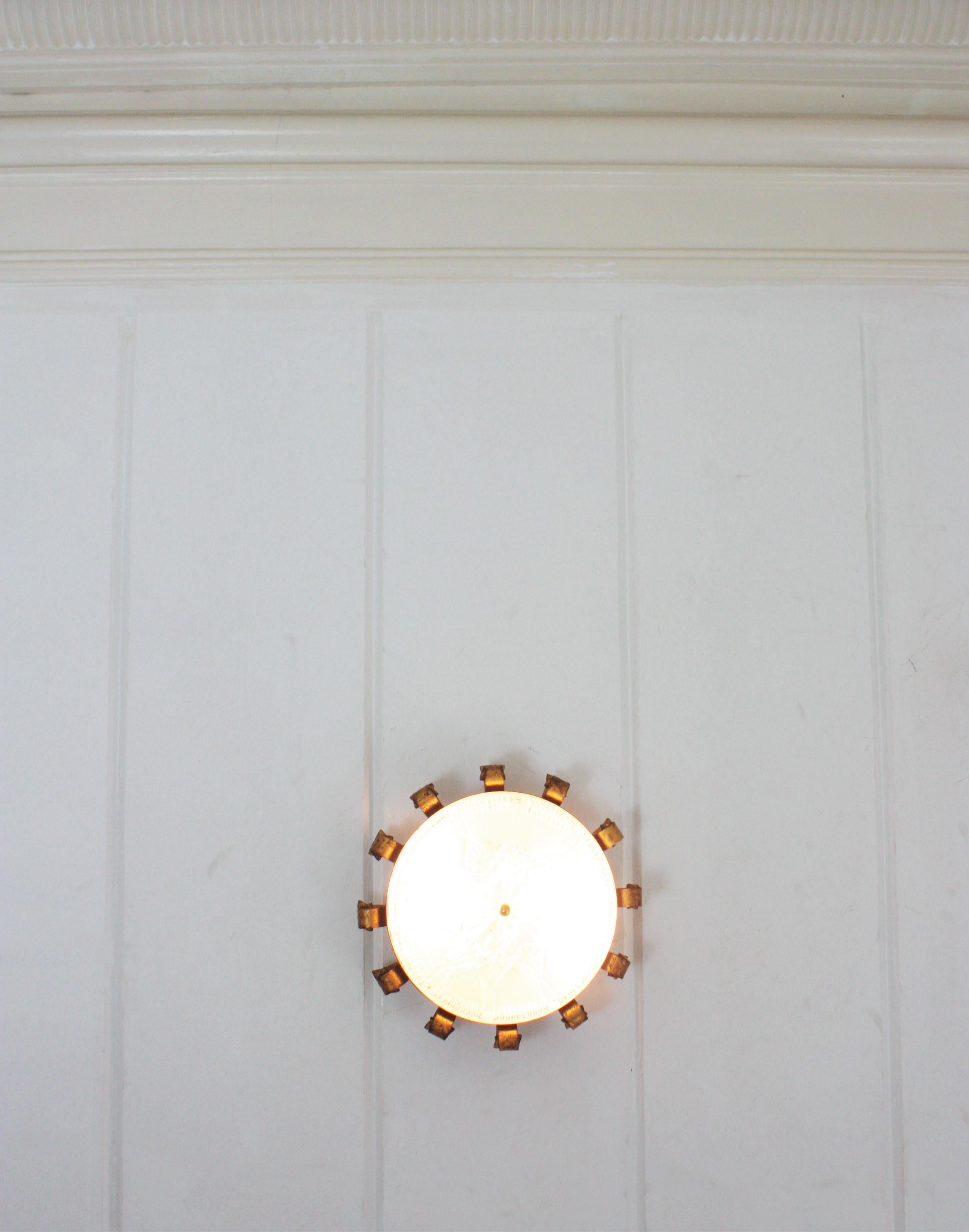 Sunburst Crown Light Fixture in Gilt Iron and Pressed Glass 2