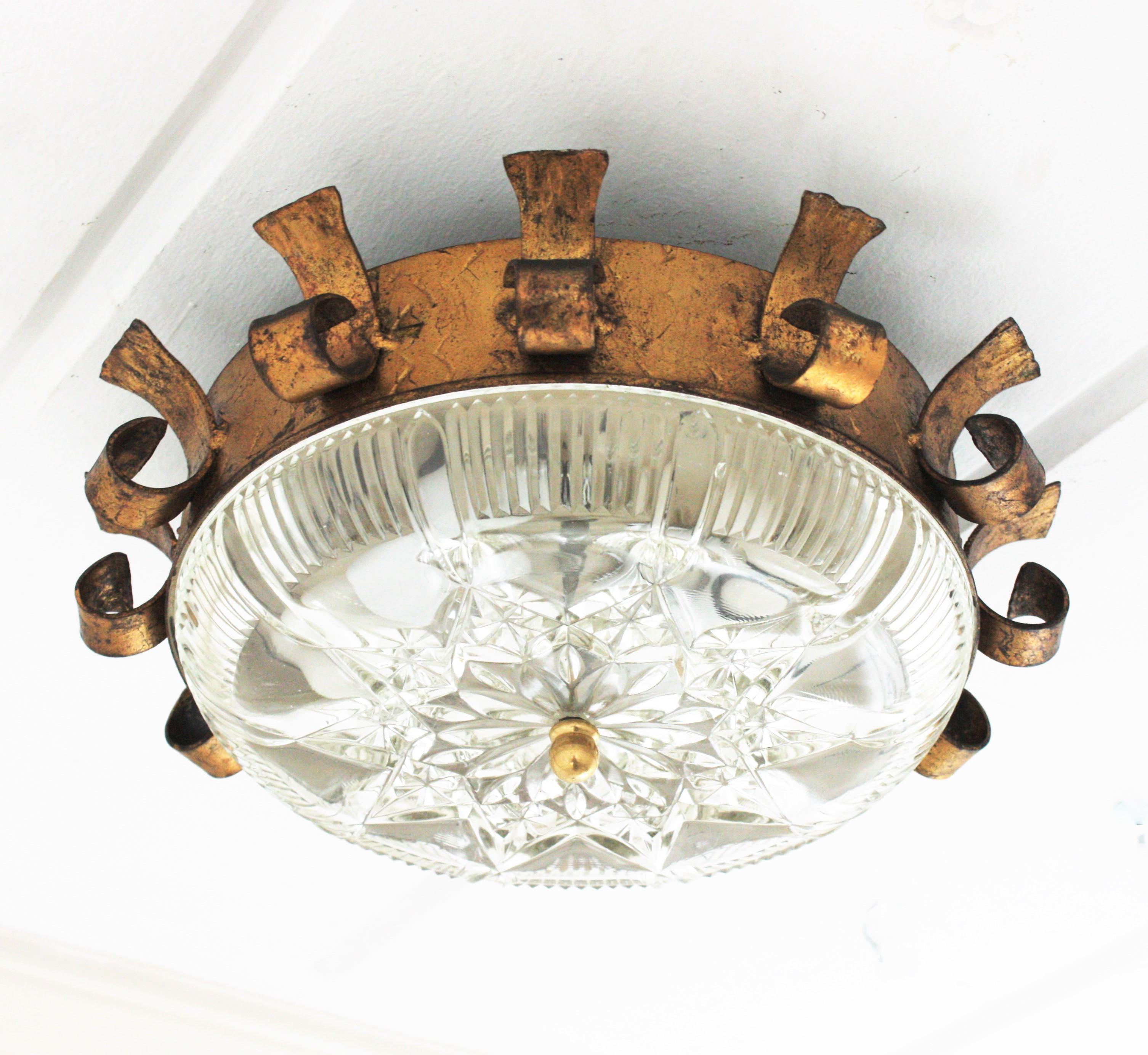 20th Century Sunburst Crown Light Fixture in Gilt Iron and Pressed Glass For Sale