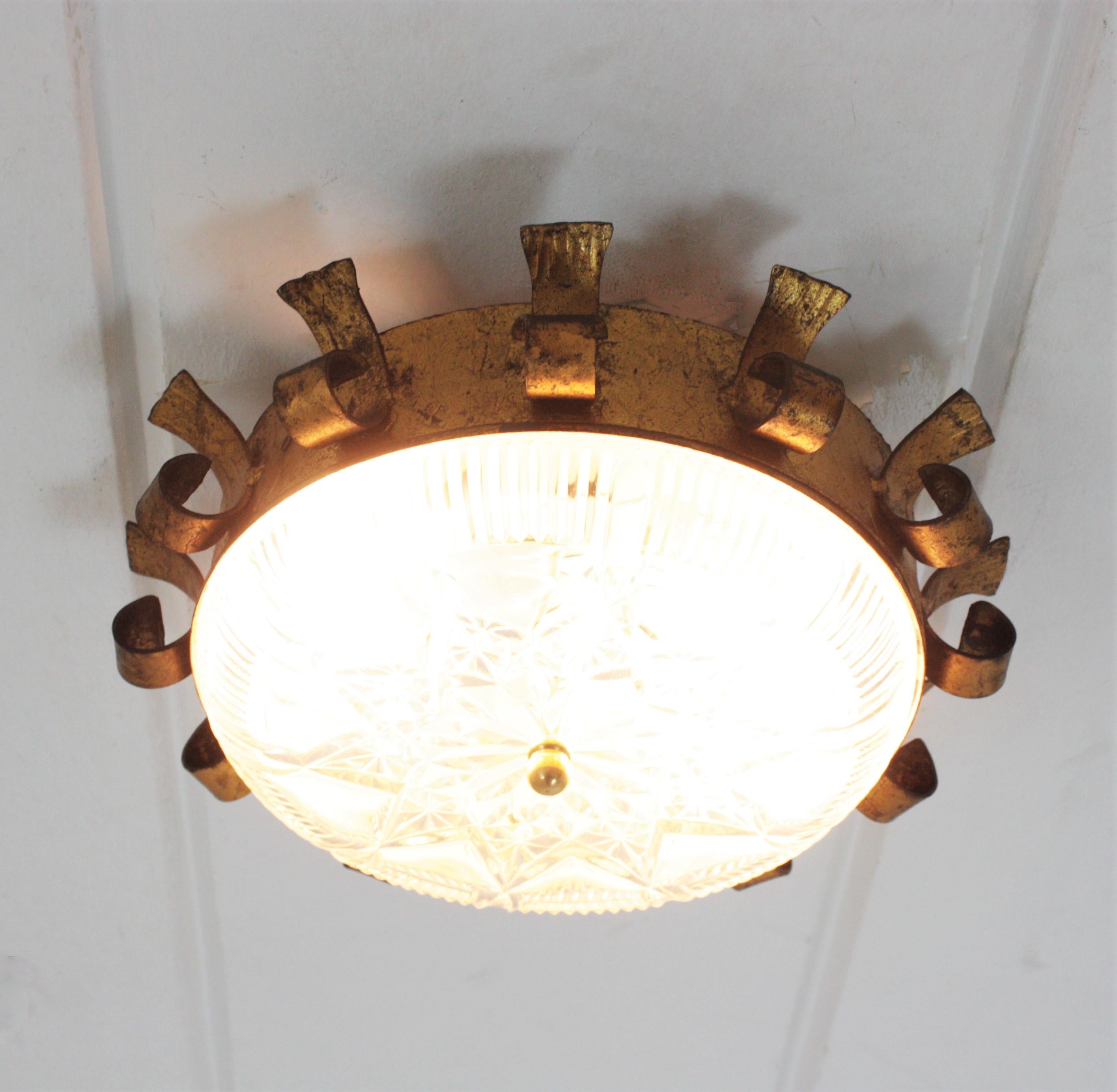 Sunburst Crown Light Fixture in Gilt Iron and Pressed Glass 3