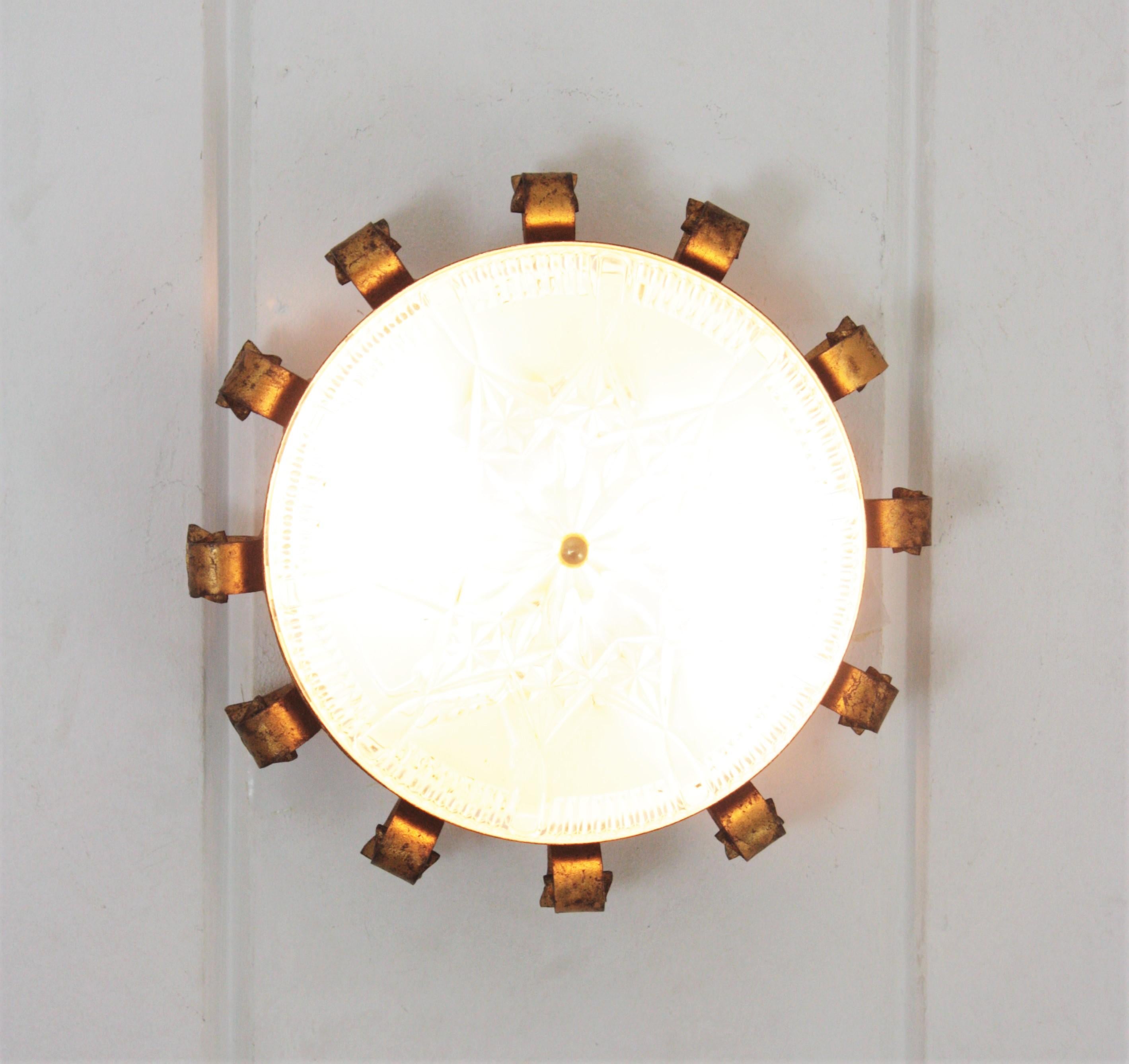 Sunburst Crown Light Fixture in Gilt Iron and Pressed Glass For Sale 1