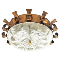Sunburst Crown Light Fixture in Gilt Iron and Pressed Glass