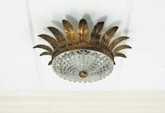 Sunburst Crown Flush Mount in Gilt Metal and Glass
