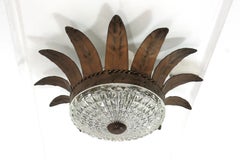 Sunburst Crown Flush Mount Light Fixture in Gilt Iron and Glass, 1950s
