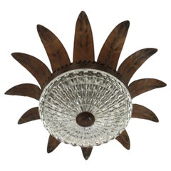 Sunburst Crown Flush Mount Light Fixture in Gilt Iron and Glass, 1950s