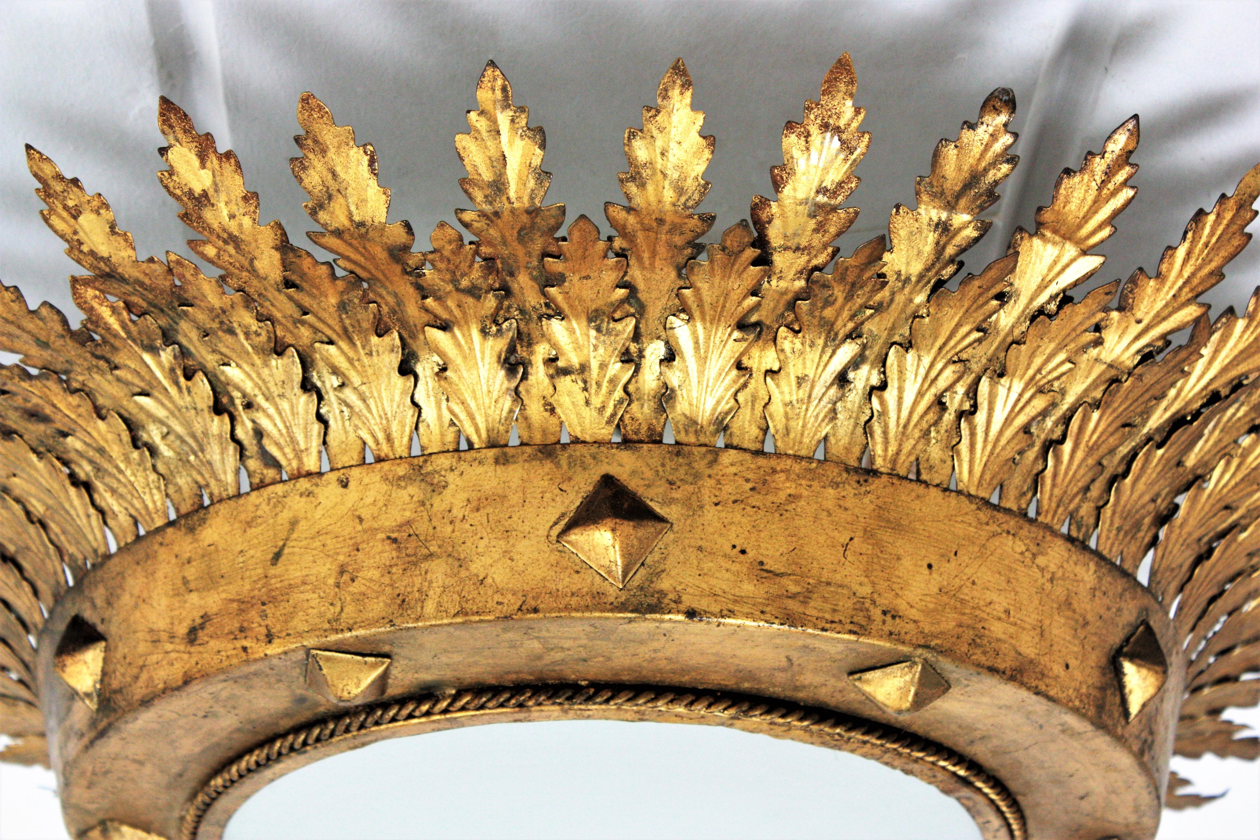 Sunburst Crown Flushmount or Pendant Light in Gilt Iron 8