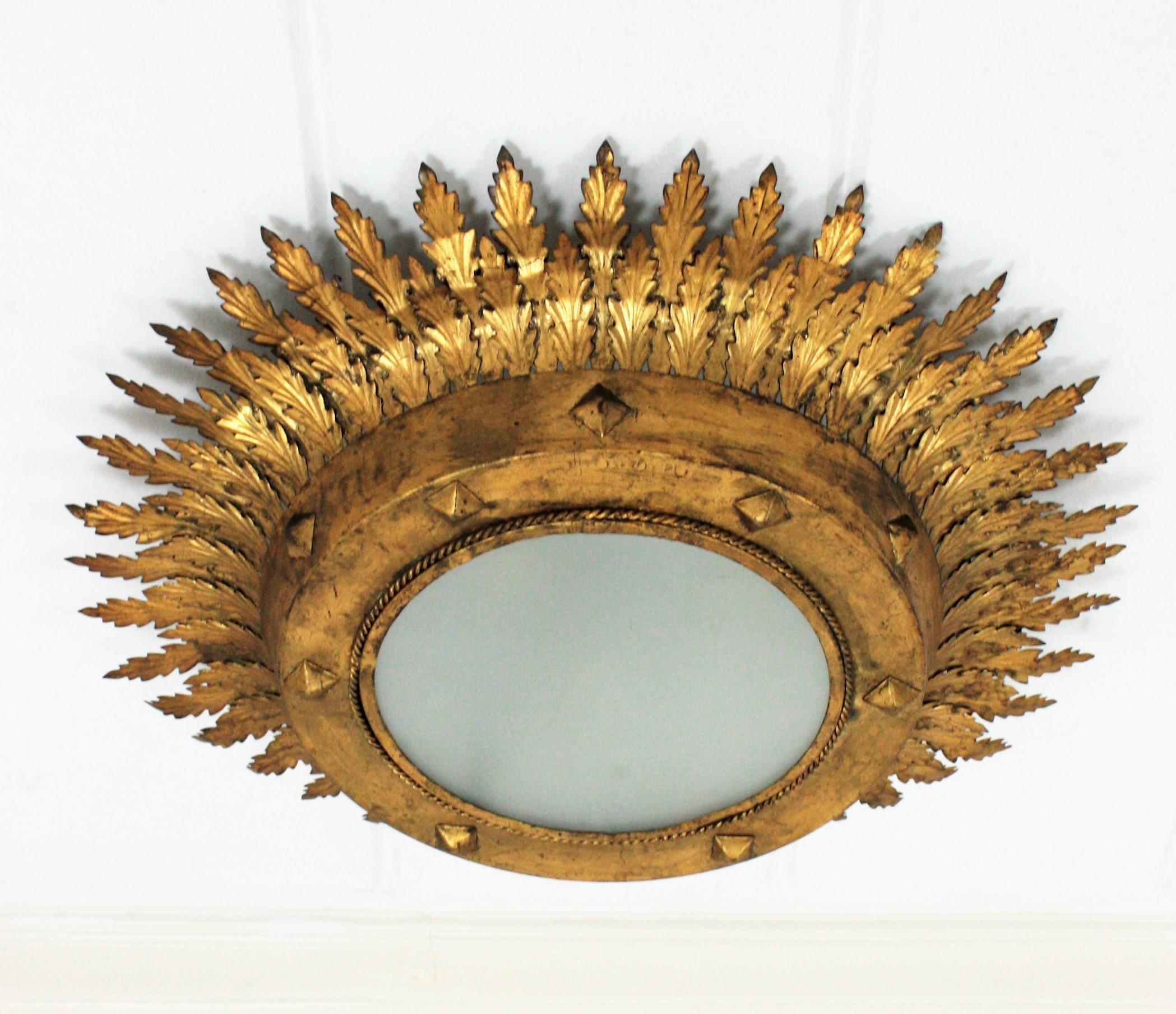 Sunburst Crown Flushmount or Pendant Light in Gilt Iron 9
