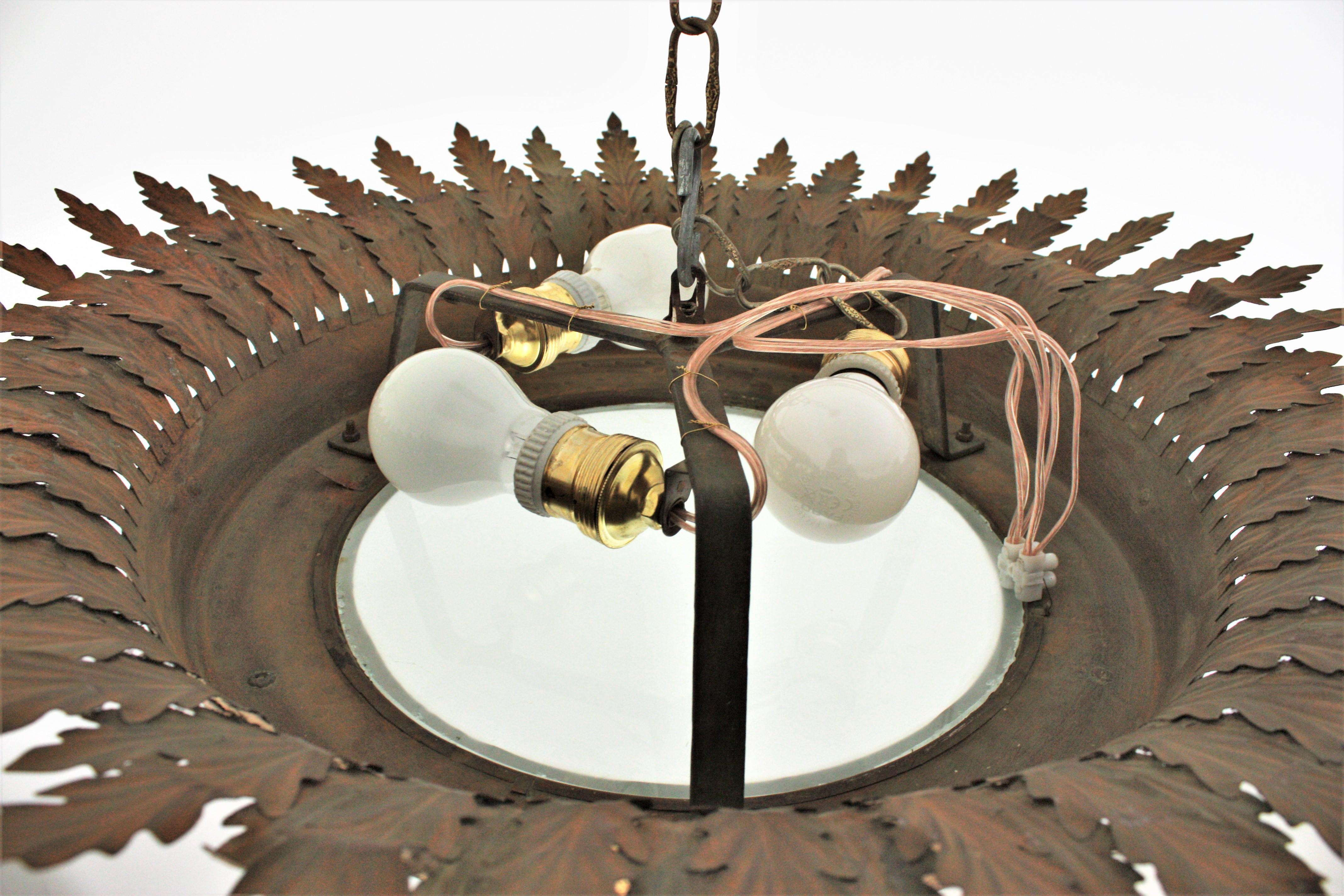 Sunburst Crown Flushmount or Pendant Light in Gilt Iron 11