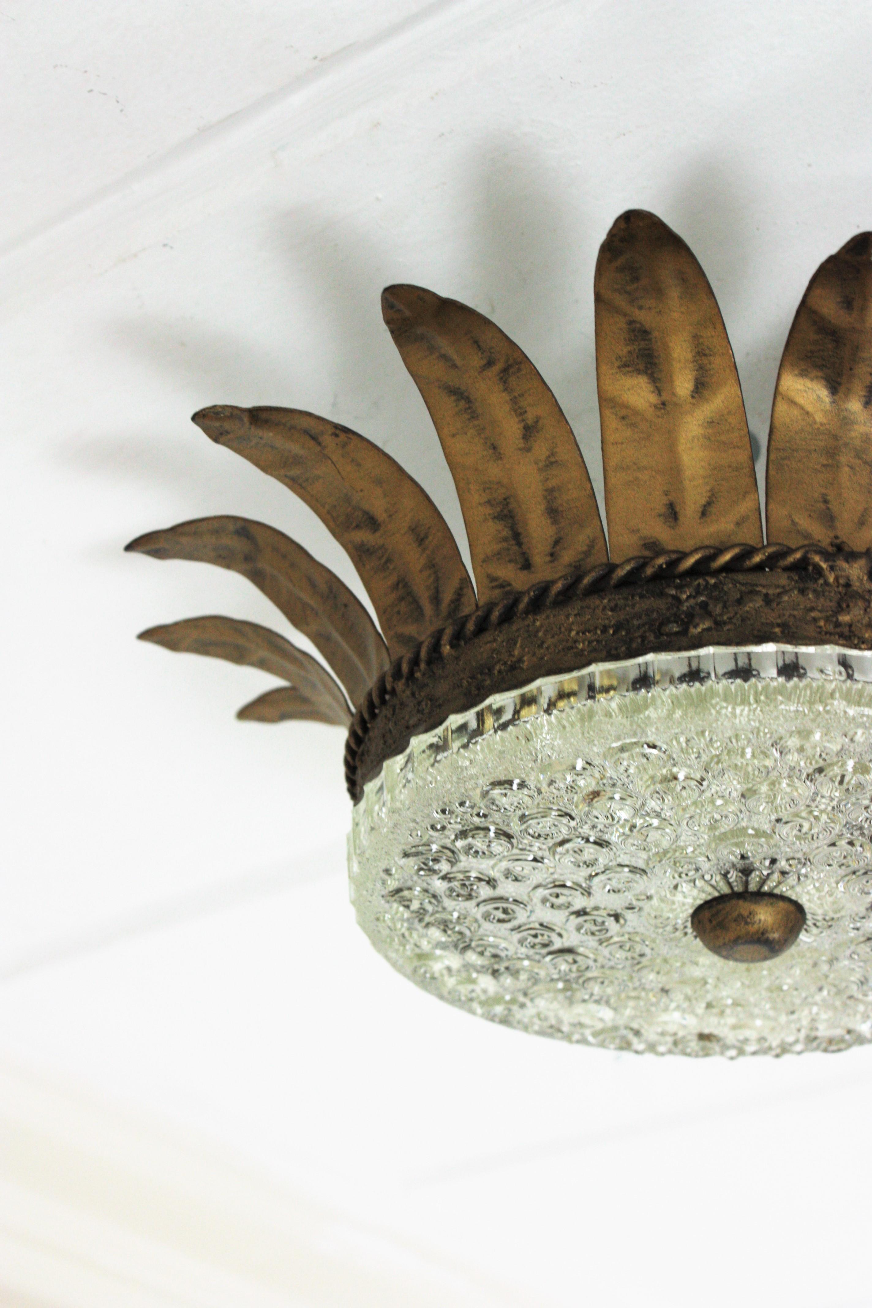 Sunburst Crown Flush Mount / Pendant in Gilt Metal and Glass For Sale 5