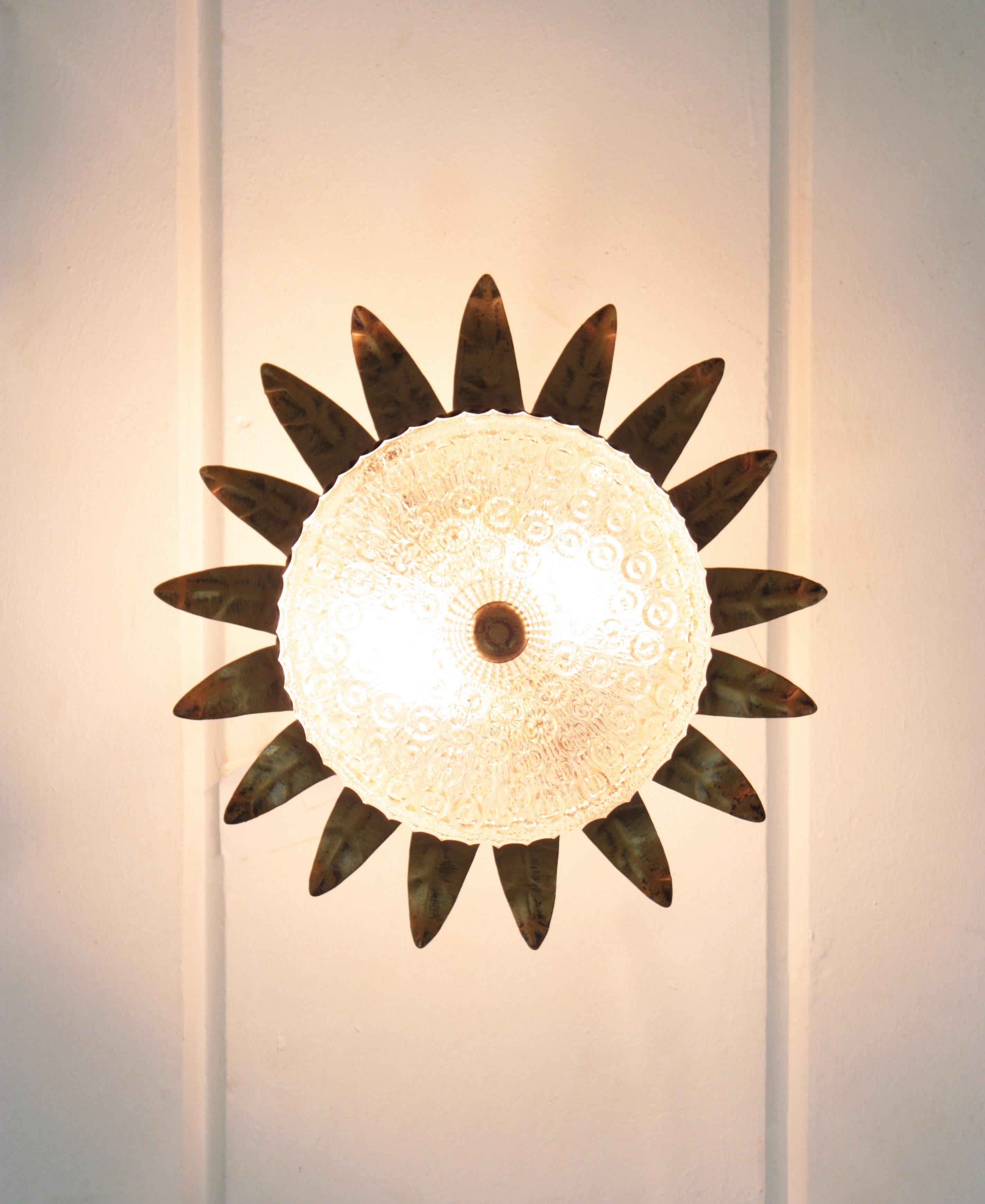 Sunburst Crown Flush Mount / Pendant in Gilt Metal and Glass For Sale 6