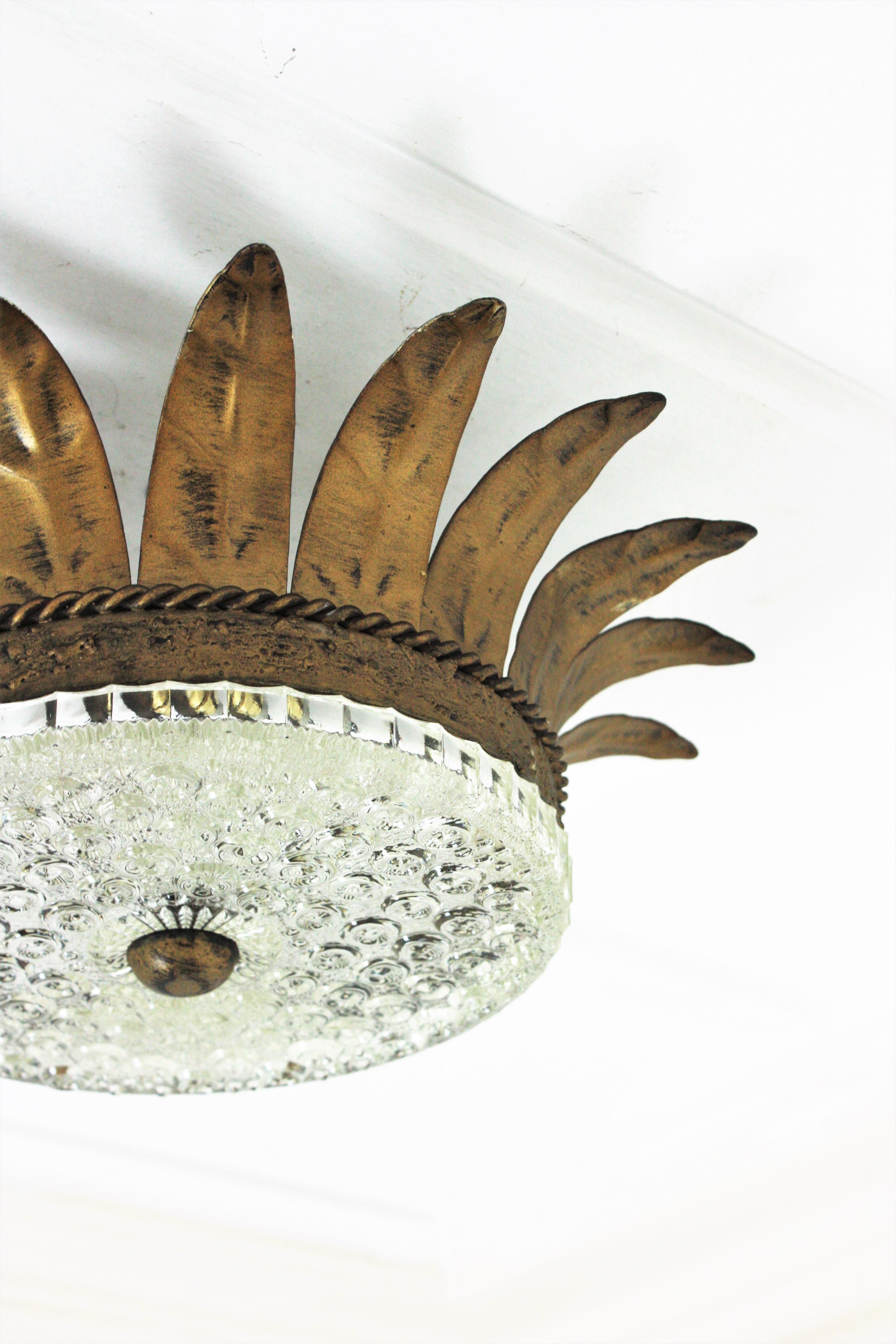 Sunburst Crown Flush Mount / Pendant in Gilt Metal and Glass For Sale 7