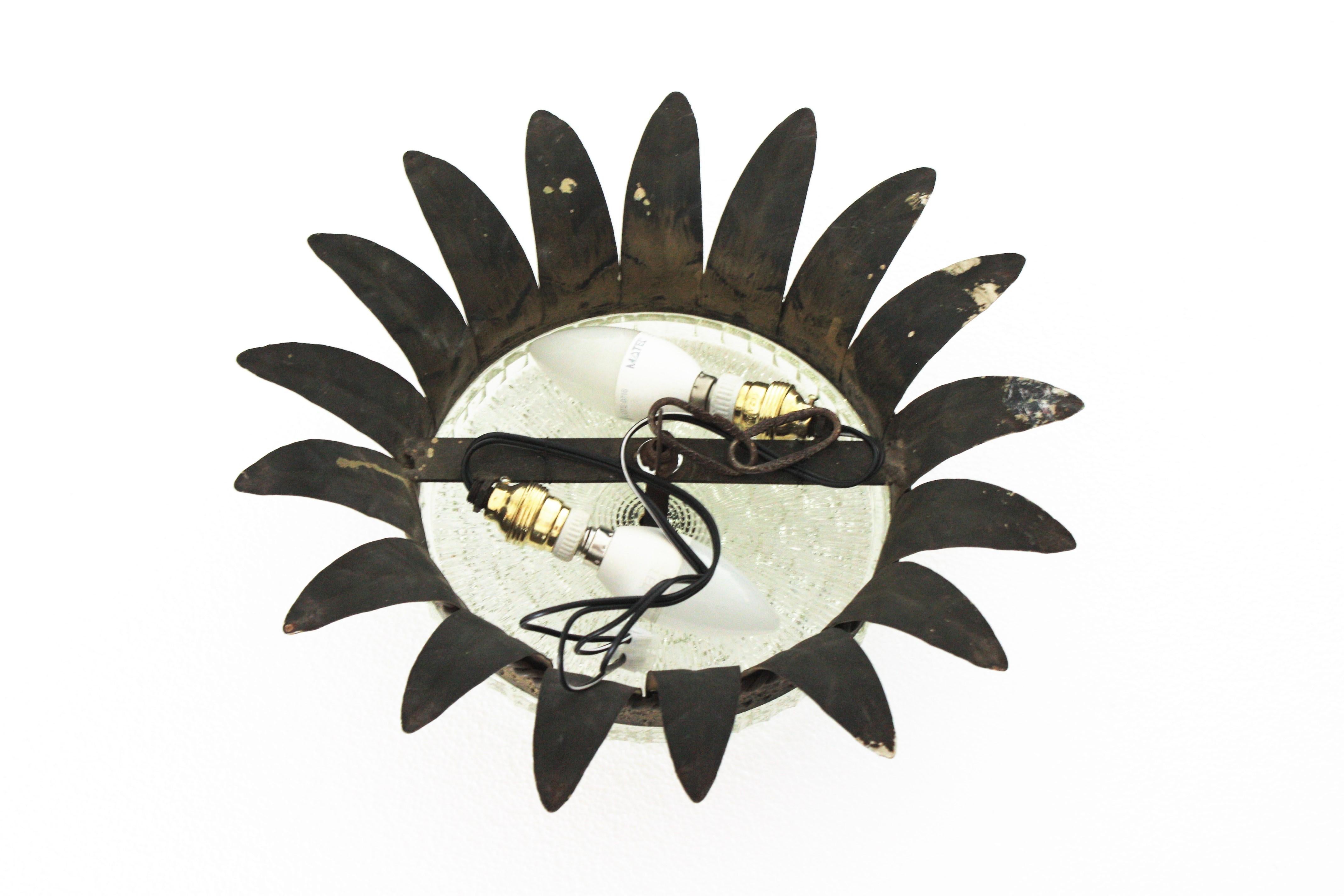 Sunburst Crown Flush Mount / Pendant in Gilt Metal and Glass For Sale 9