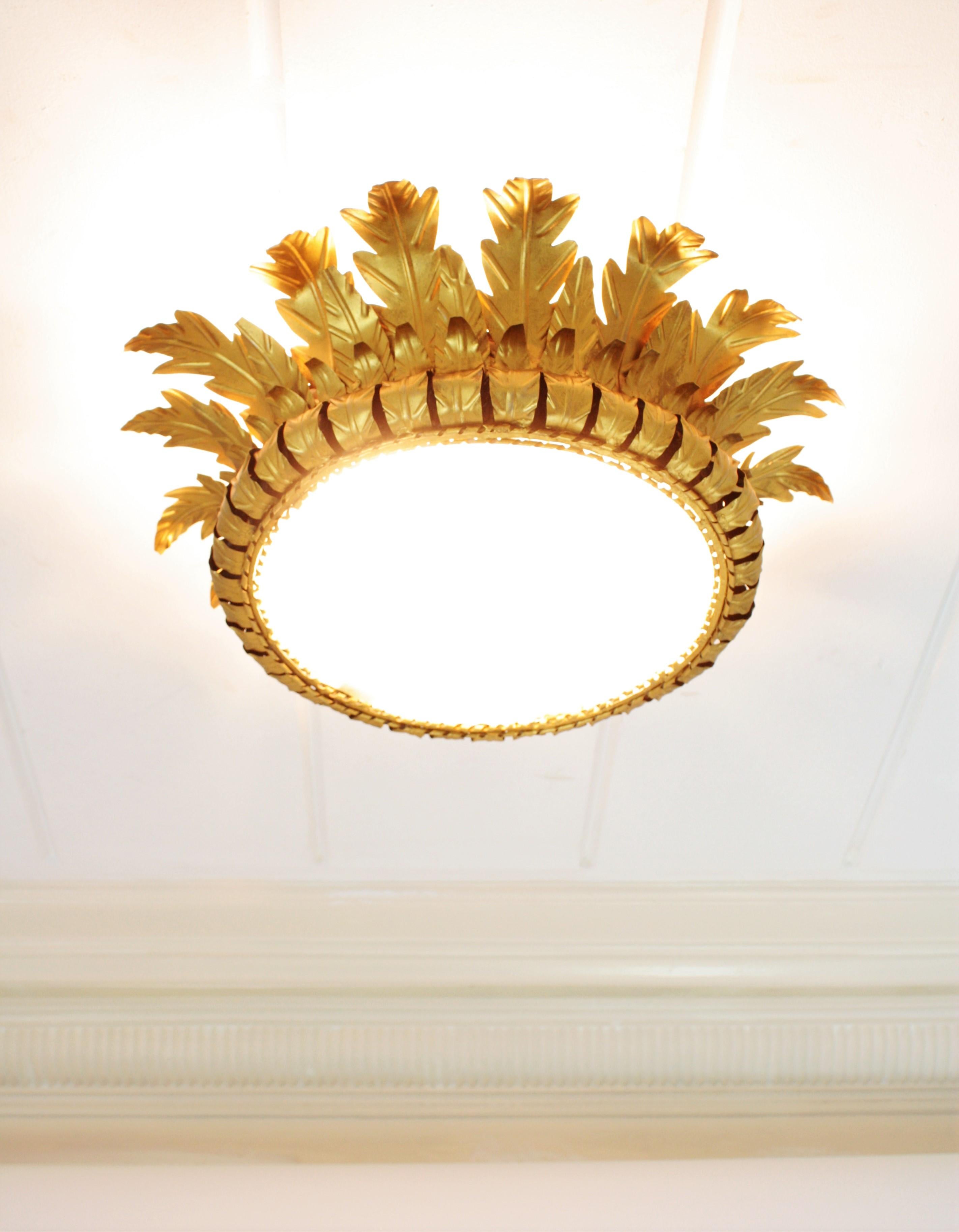 Sunburst Crown Large Ceiling Light Fixture in Gilt Metal and Frosted Glass 5