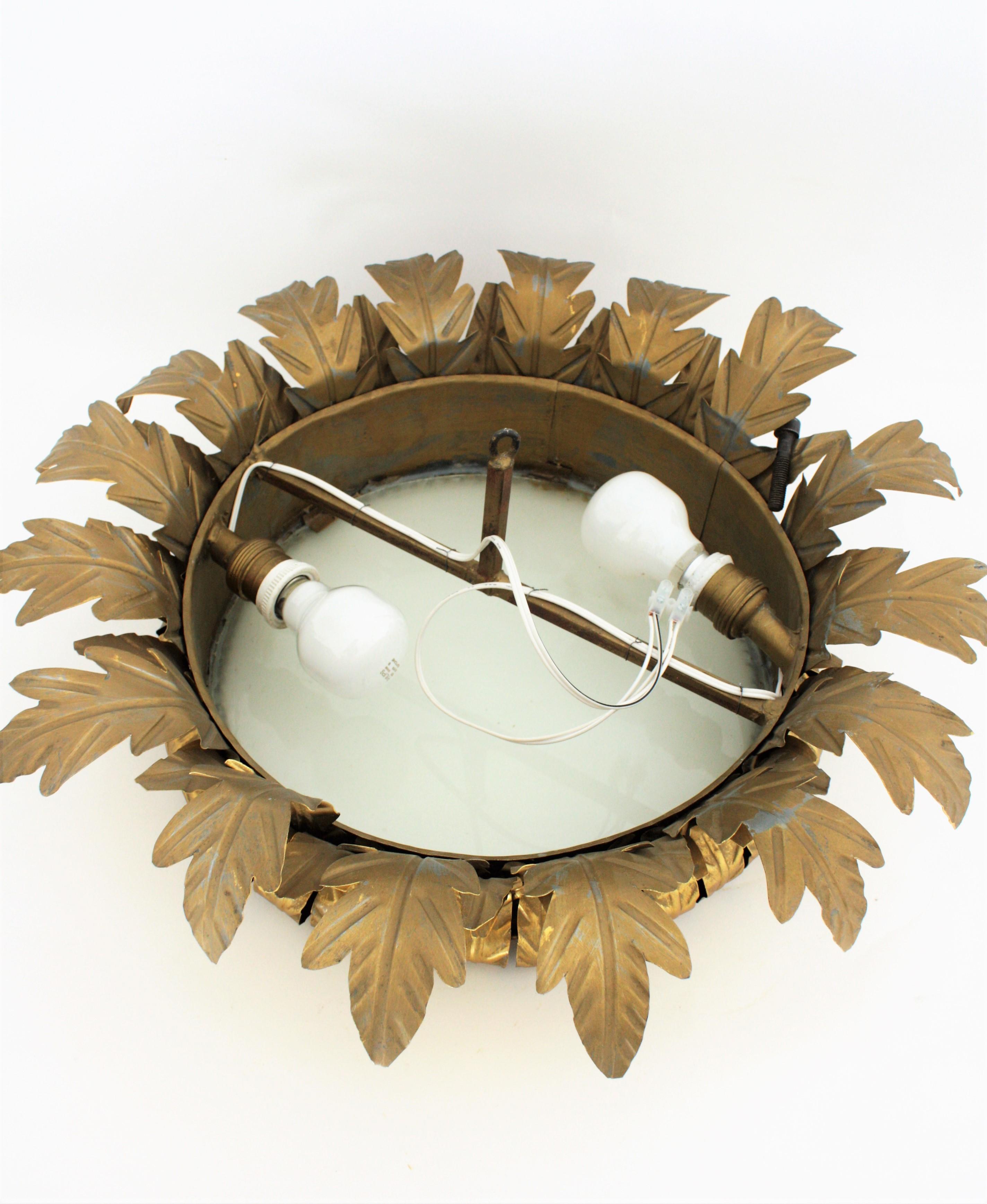 Sunburst Crown Large Ceiling Light Fixture in Gilt Metal and Frosted Glass 8