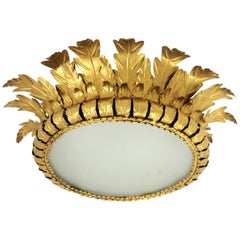 Sunburst Crown Large Ceiling Light Fixture in Gilt Metal and Frosted Glass