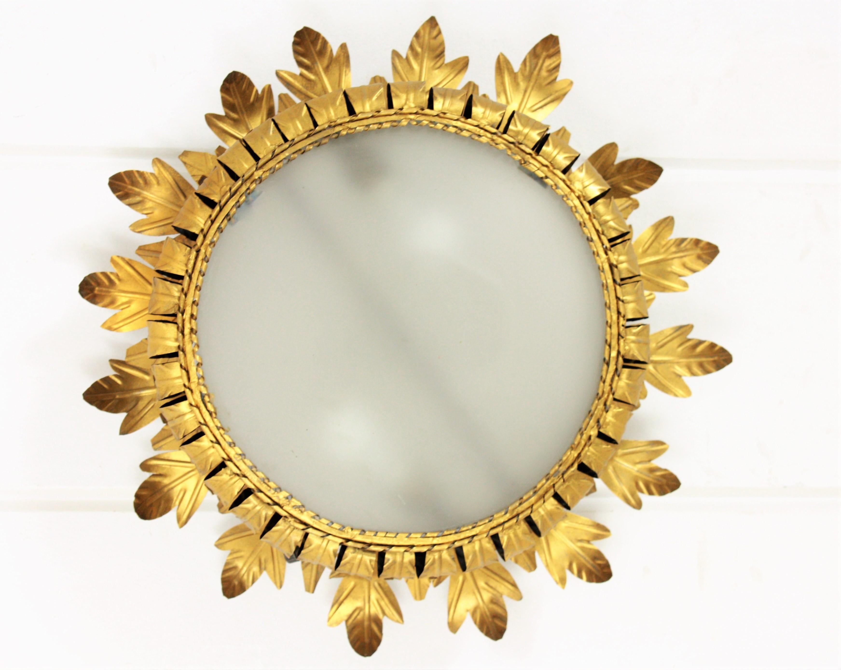 Mid-Century Modern Sunburst Crown Large Ceiling Light Fixture in Gilt Metal and Frosted Glass