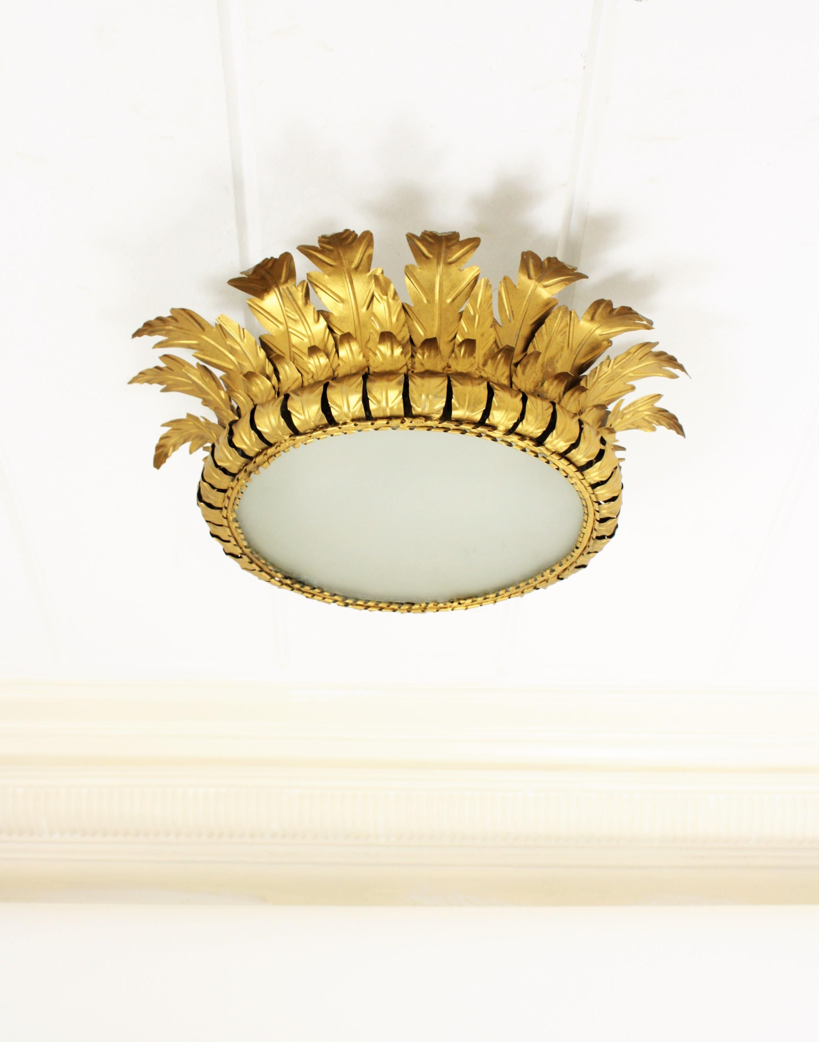 20th Century Sunburst Crown Large Ceiling Light Fixture in Gilt Metal and Frosted Glass