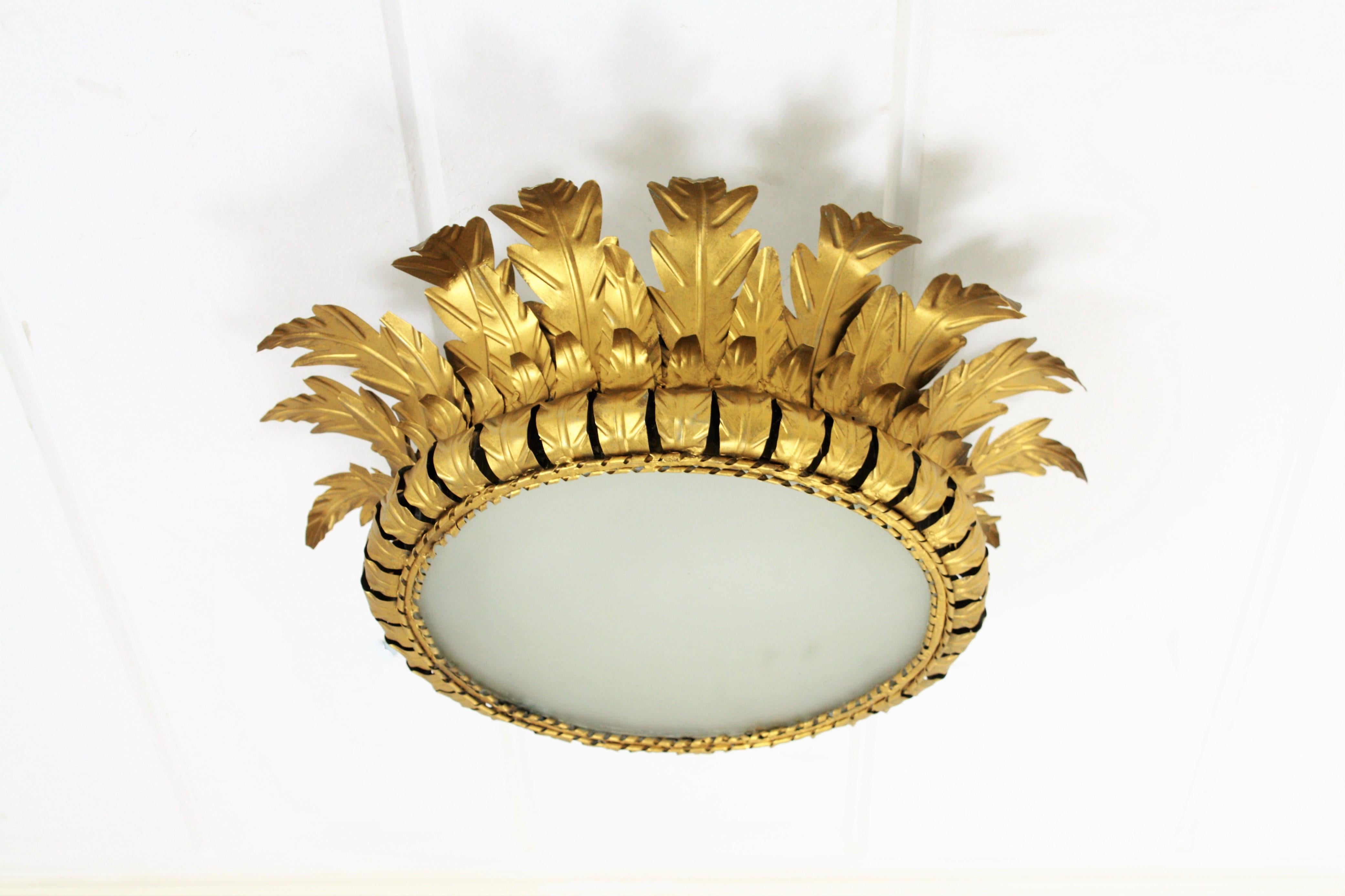 Sunburst Crown Large Ceiling Light Fixture in Gilt Metal and Frosted Glass 3
