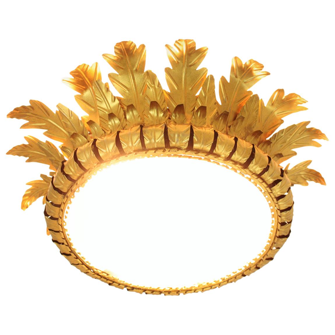 Sunburst Crown Large Ceiling Light Fixture in Gilt Metal and Frosted Glass