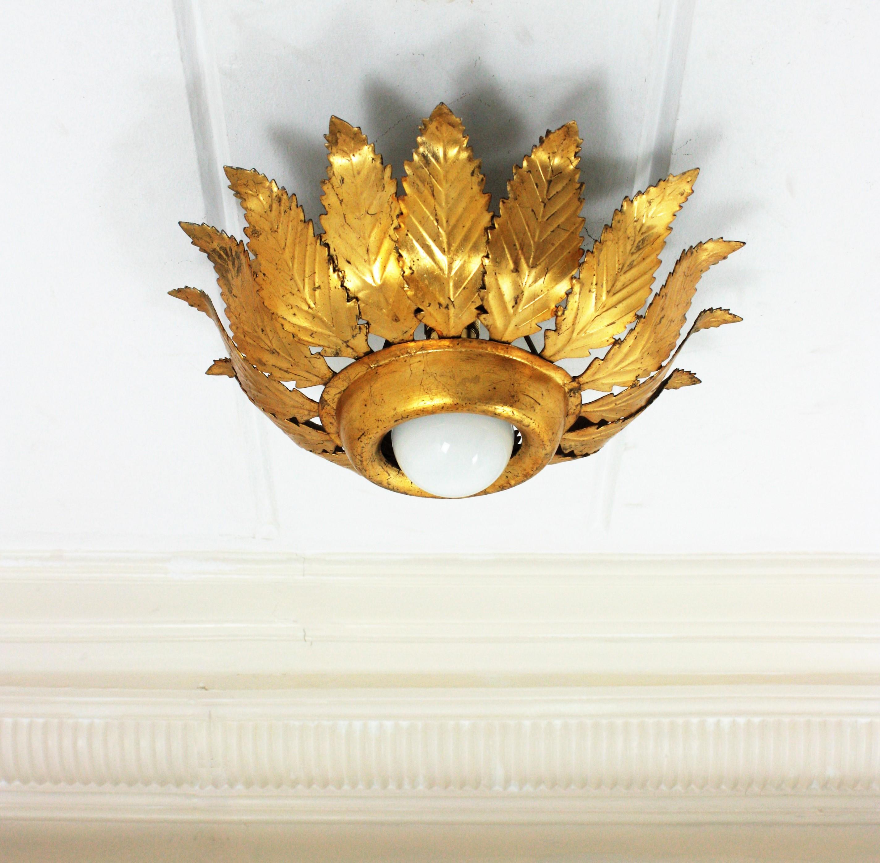Sunburst Crown Leafed Light Fixture in Gilt Iron For Sale 5