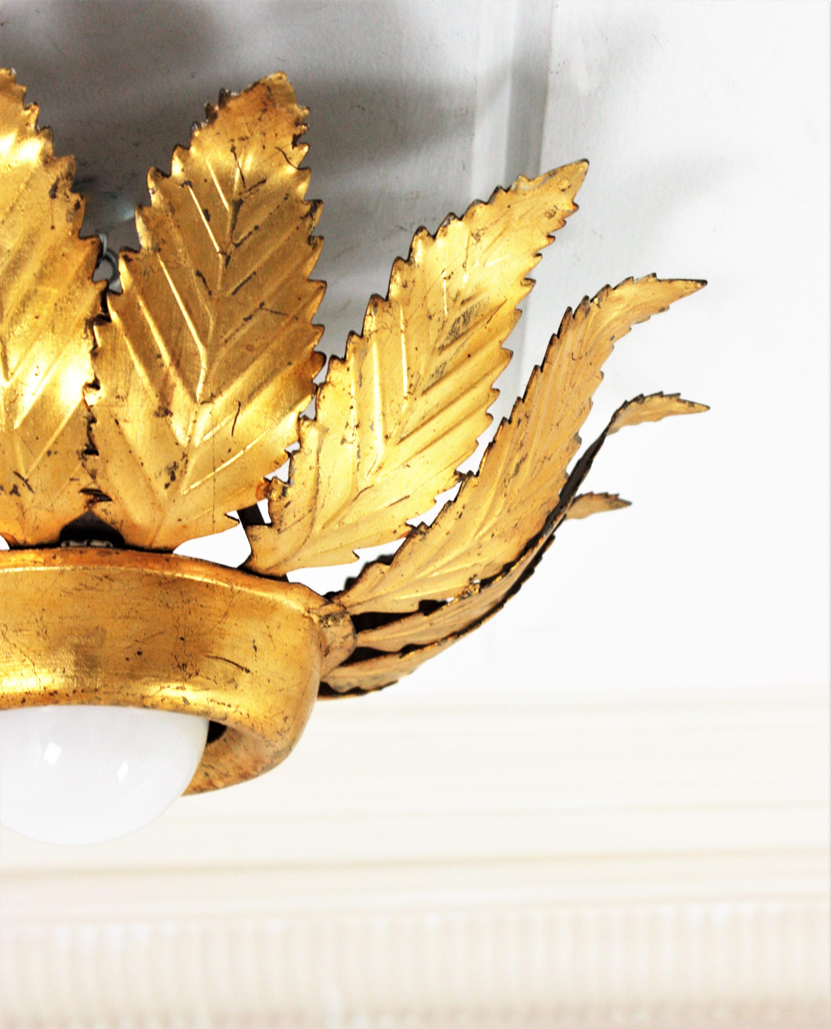 Sunburst Crown Leafed Light Fixture in Gilt Iron For Sale 8