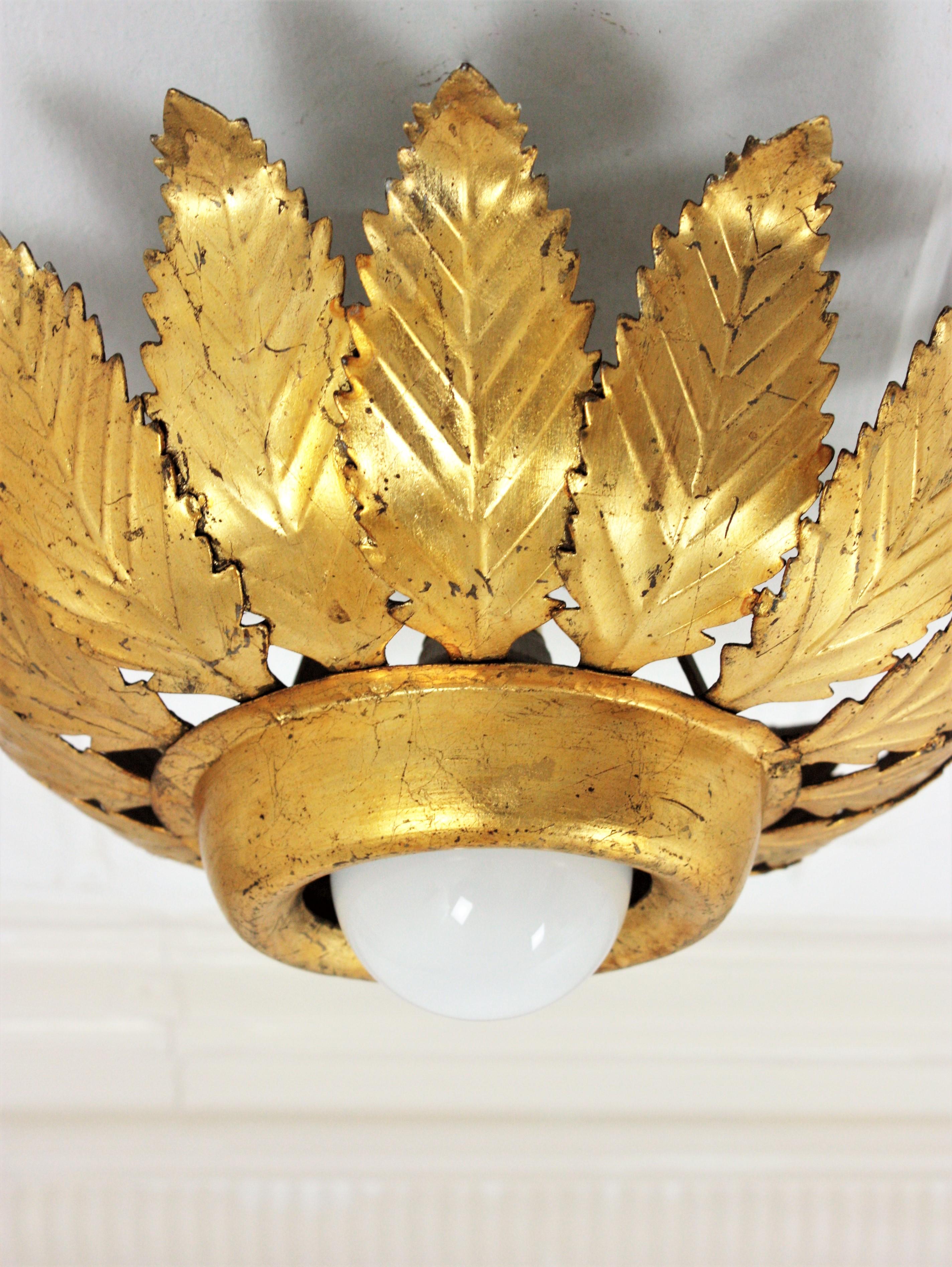 Sunburst Crown Leafed Light Fixture in Gilt Iron For Sale 9
