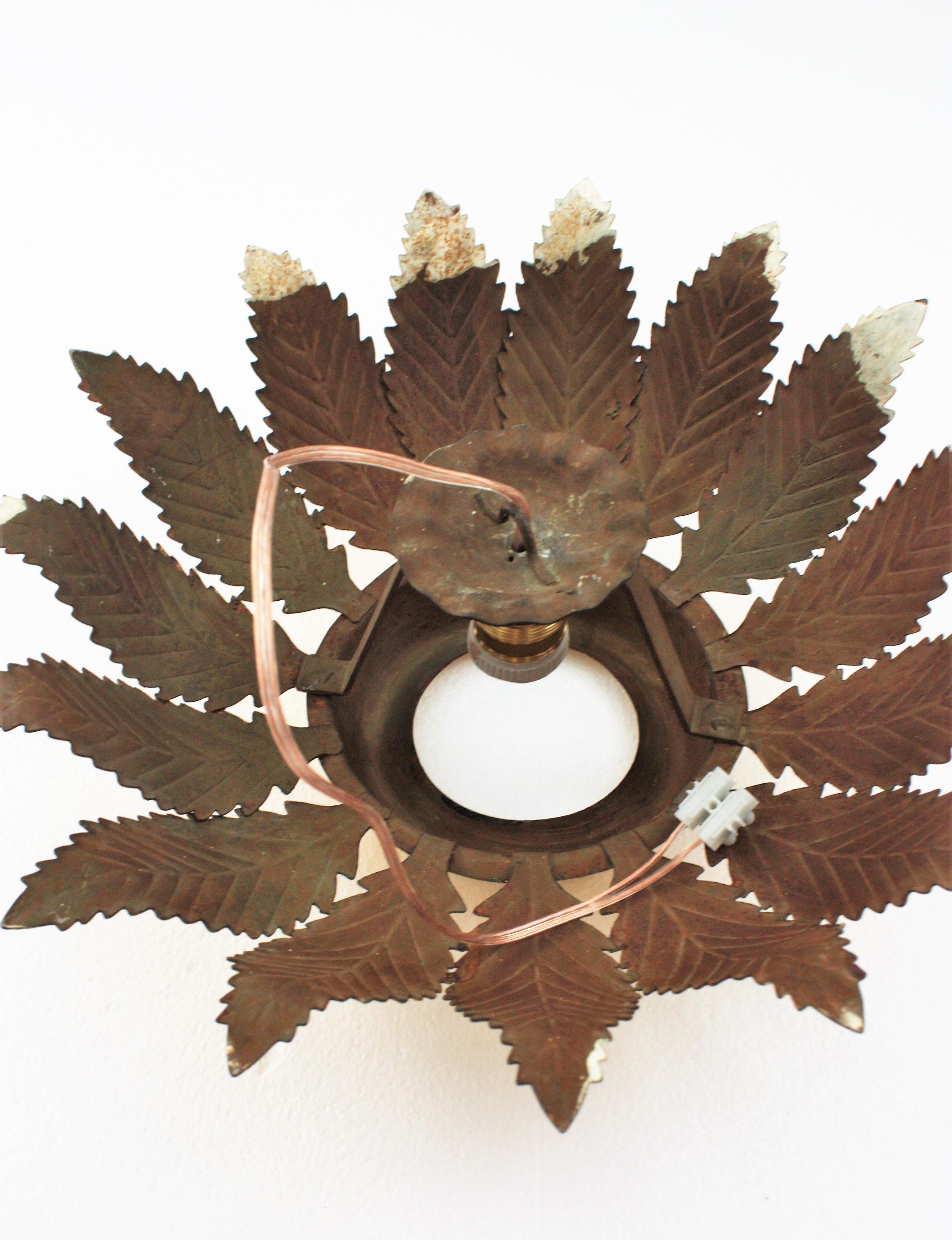 Sunburst Crown Leafed Light Fixture in Gilt Iron For Sale 11