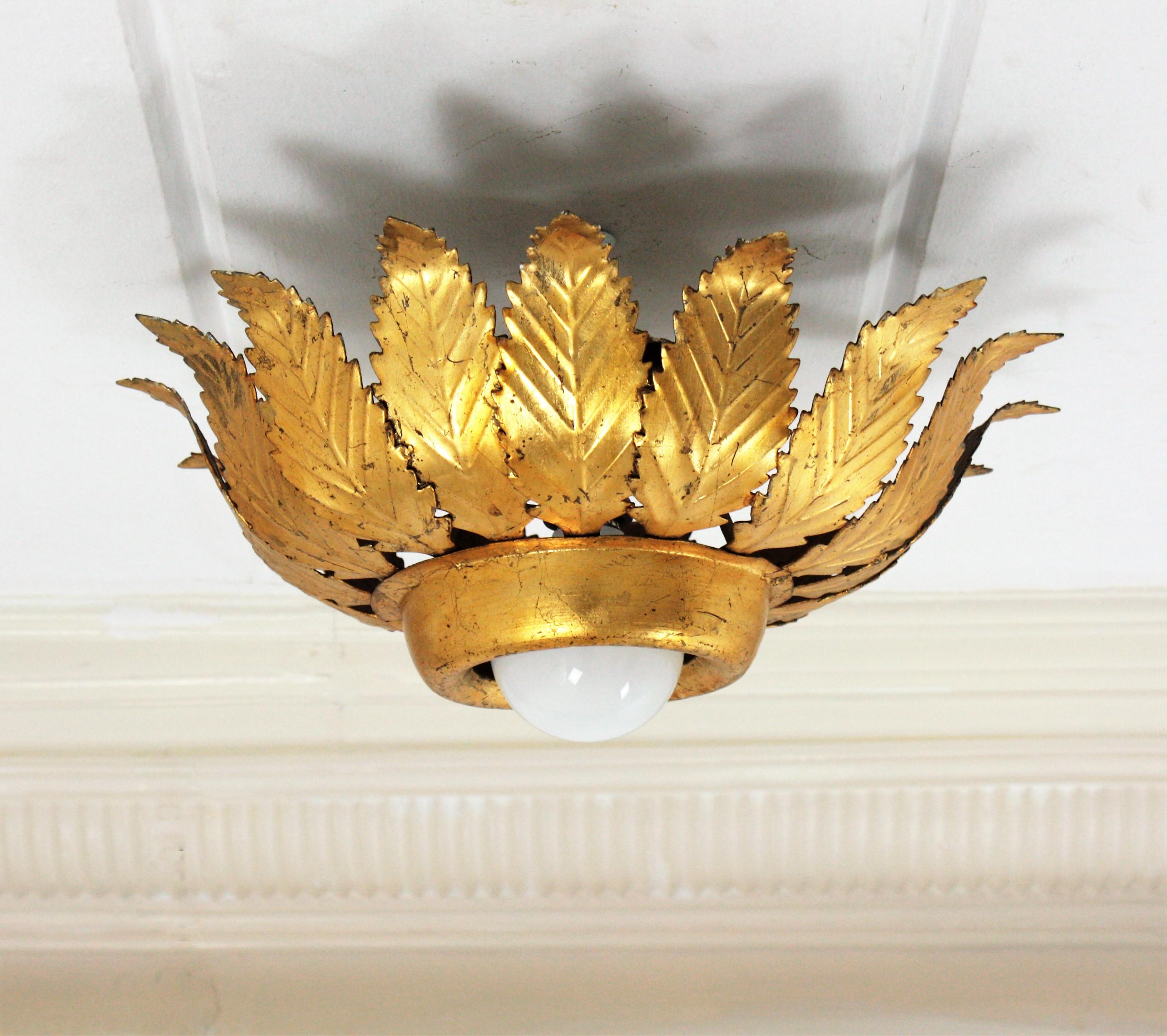 20th Century Sunburst Crown Leafed Light Fixture in Gilt Iron For Sale