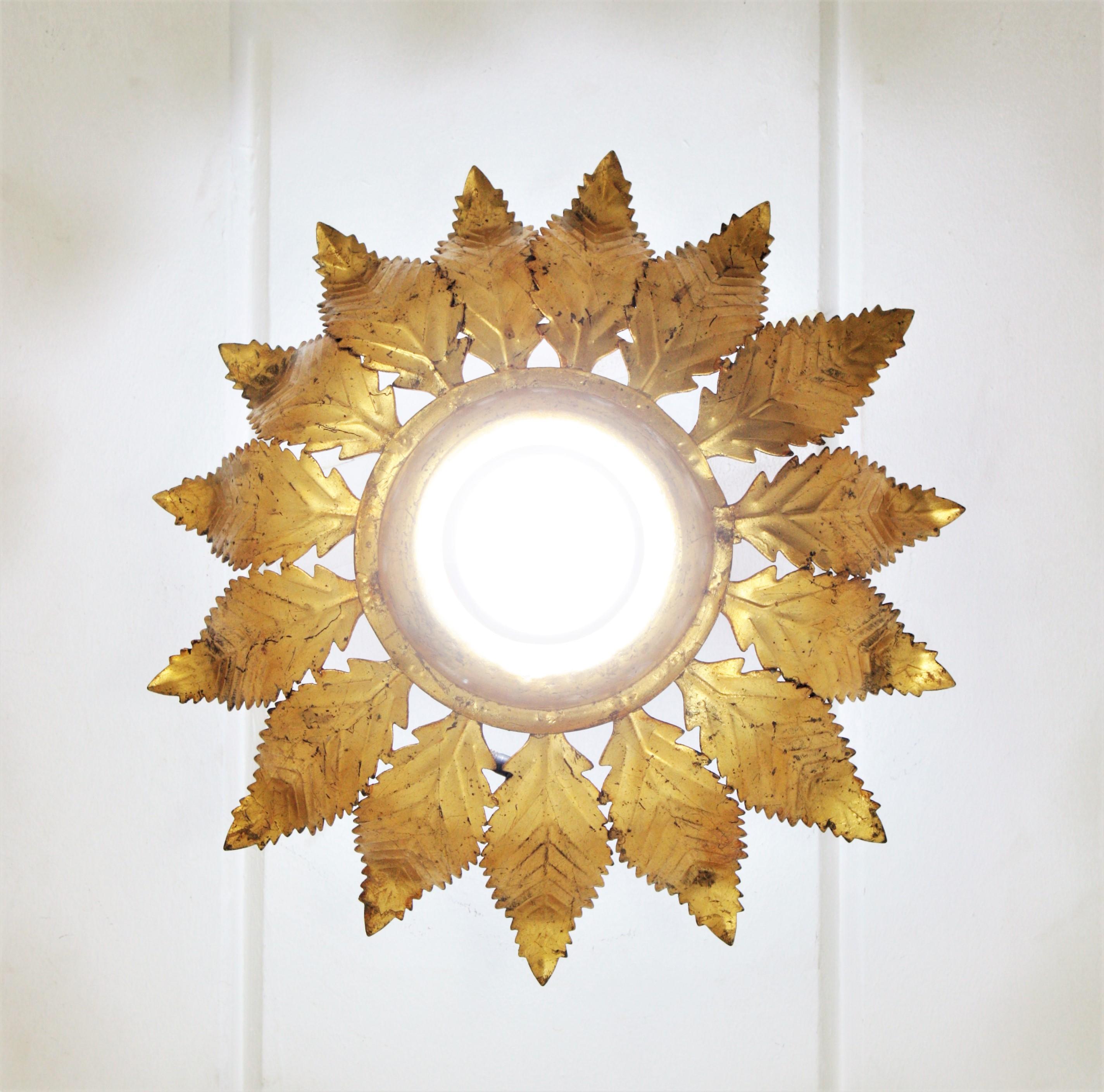 Metal Sunburst Crown Leafed Light Fixture in Gilt Iron For Sale