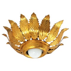 Vintage Sunburst Crown Leafed Light Fixture in Gilt Iron