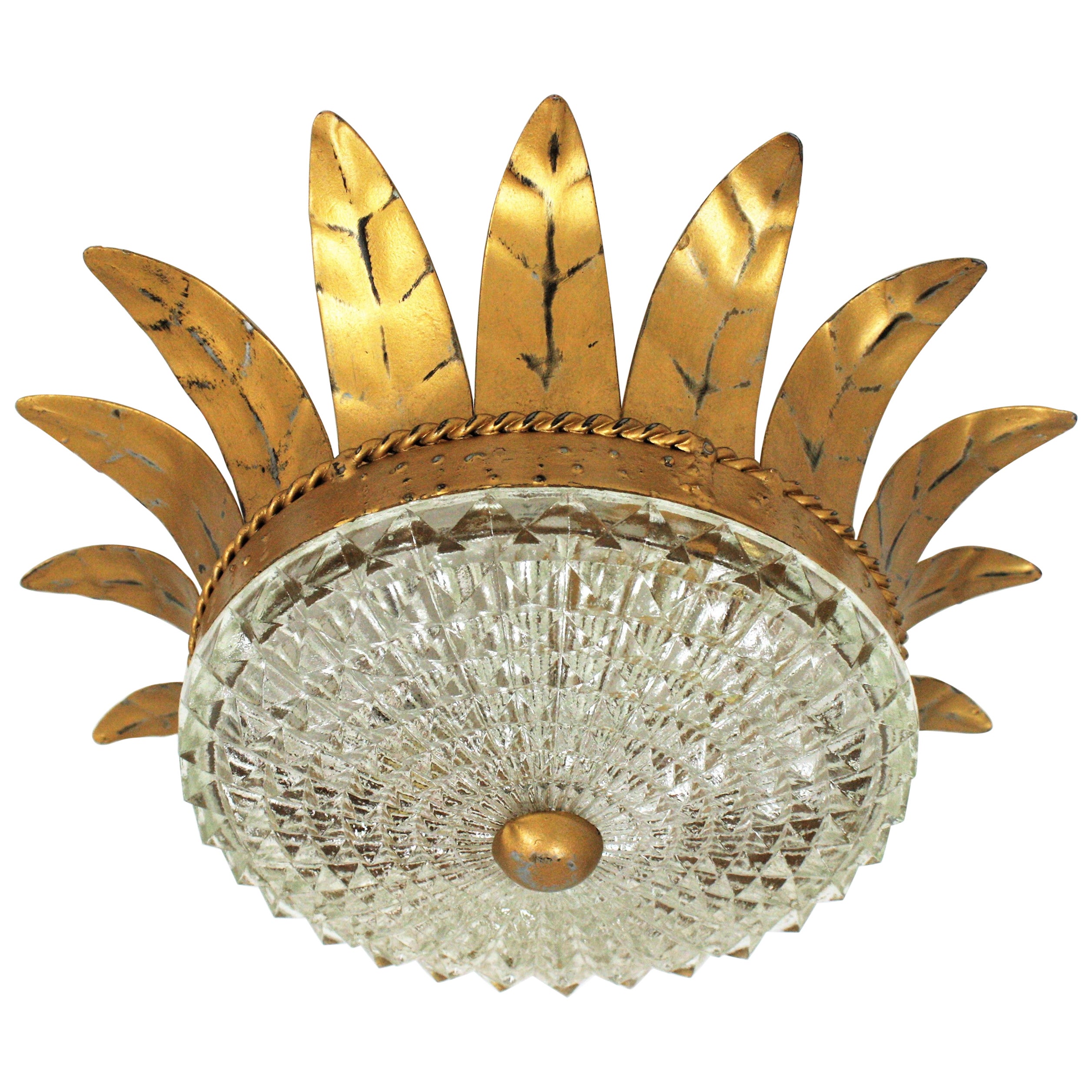 Luminaire couronne Sunburst en fer doré et verre, années 1950 en vente