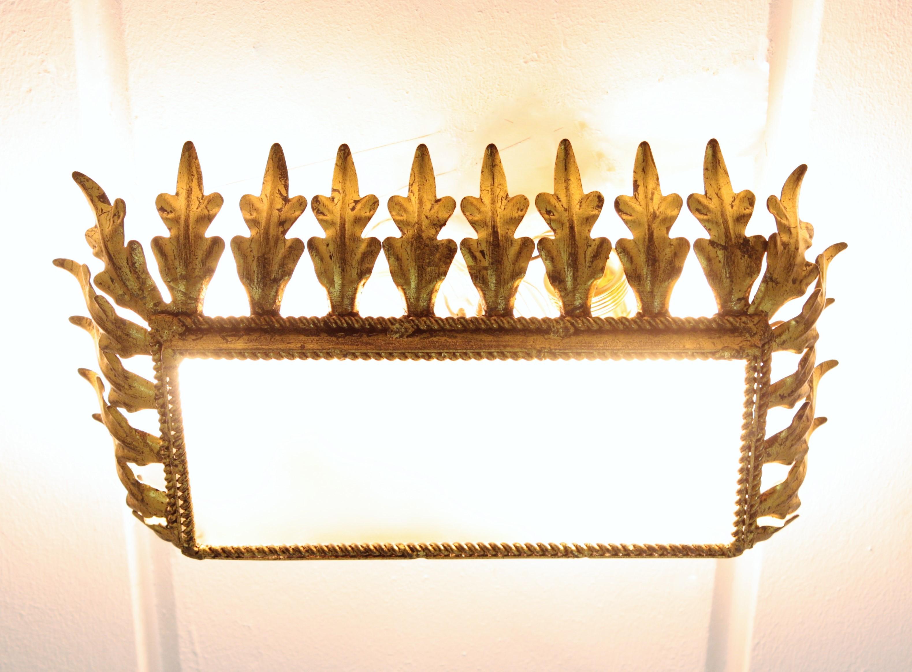 Hollywood Regency Sunburst Crown Foliage Ceiling Light Fixture in Gilt Iron, Spain 1950