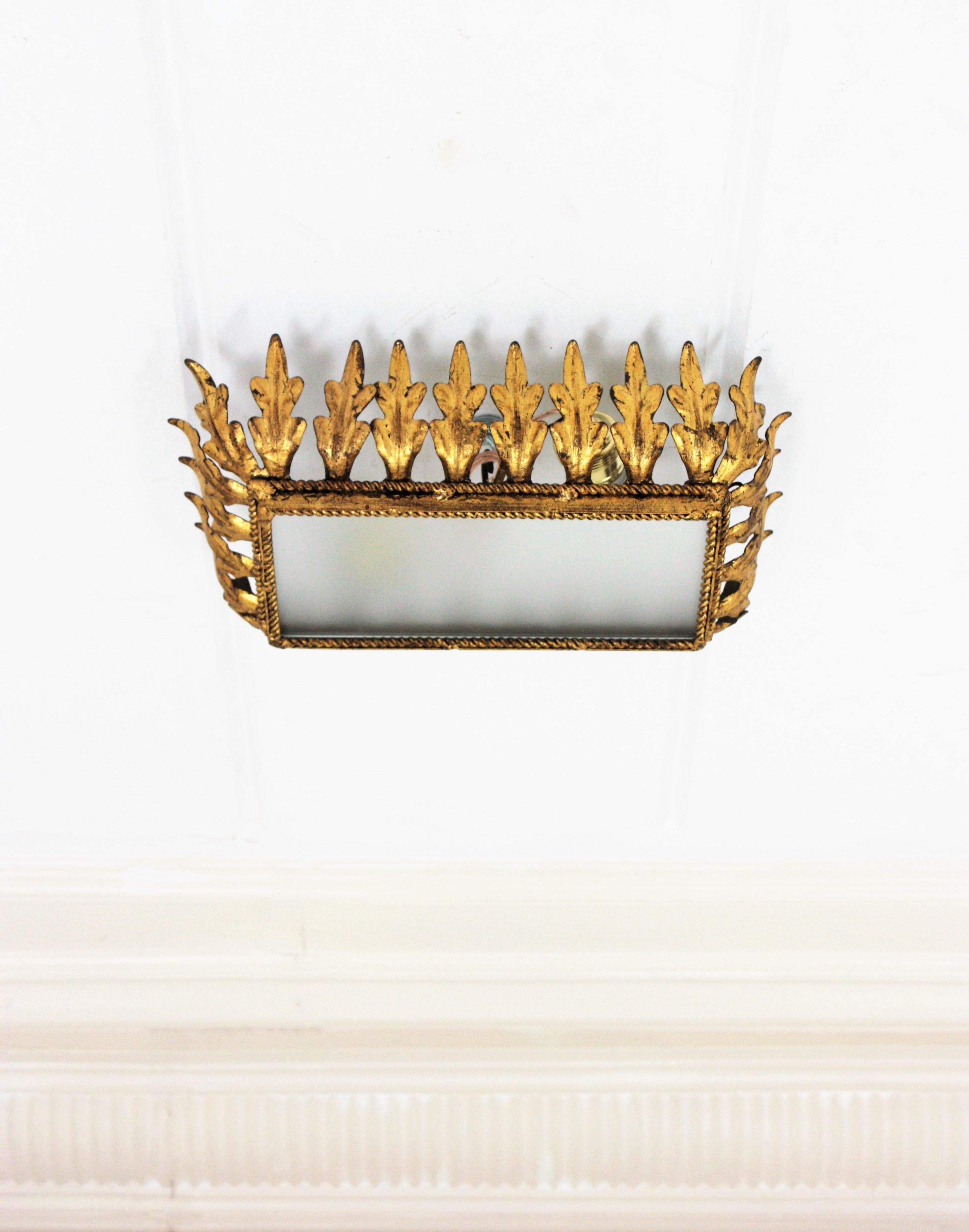 Sunburst Crown Flush Mount Light Fixture, Gilt Iron and Frosted Glass In Good Condition For Sale In Barcelona, ES