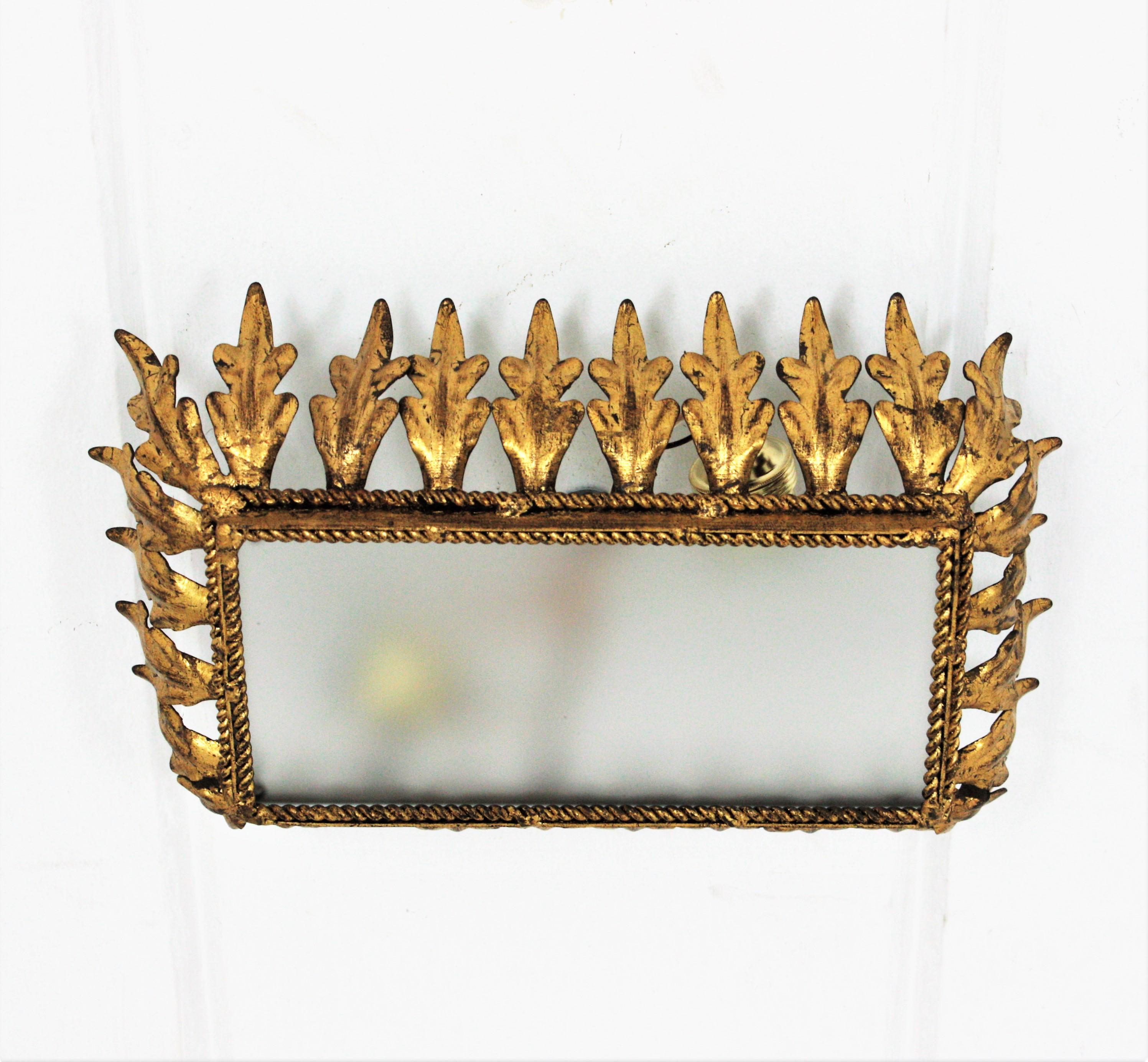 20th Century Sunburst Crown Flush Mount Light Fixture, Gilt Iron and Frosted Glass For Sale