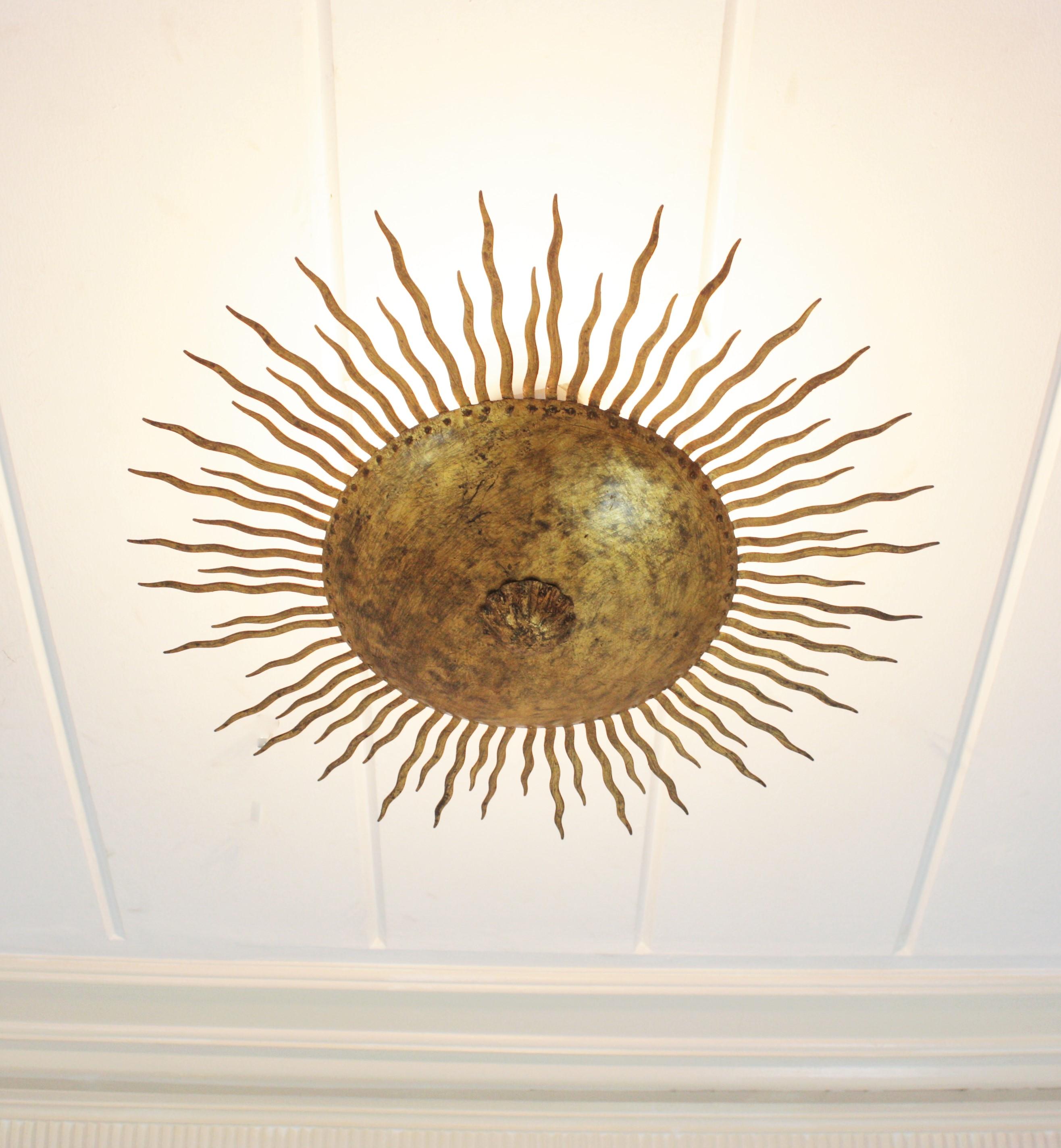 Sunburst Curly Ceiling Light Fixture / Chandelier in Gilt Iron For Sale 4