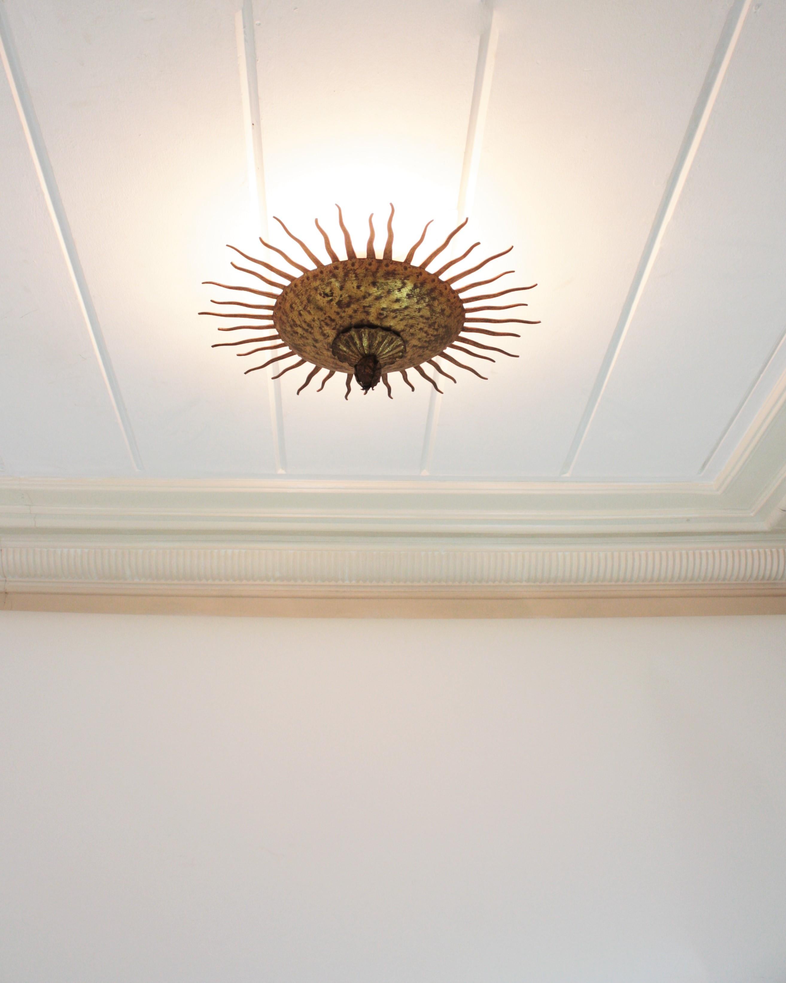 Sunburst Curly Ceiling Light Fixture / Chandelier in Gilt Iron 4