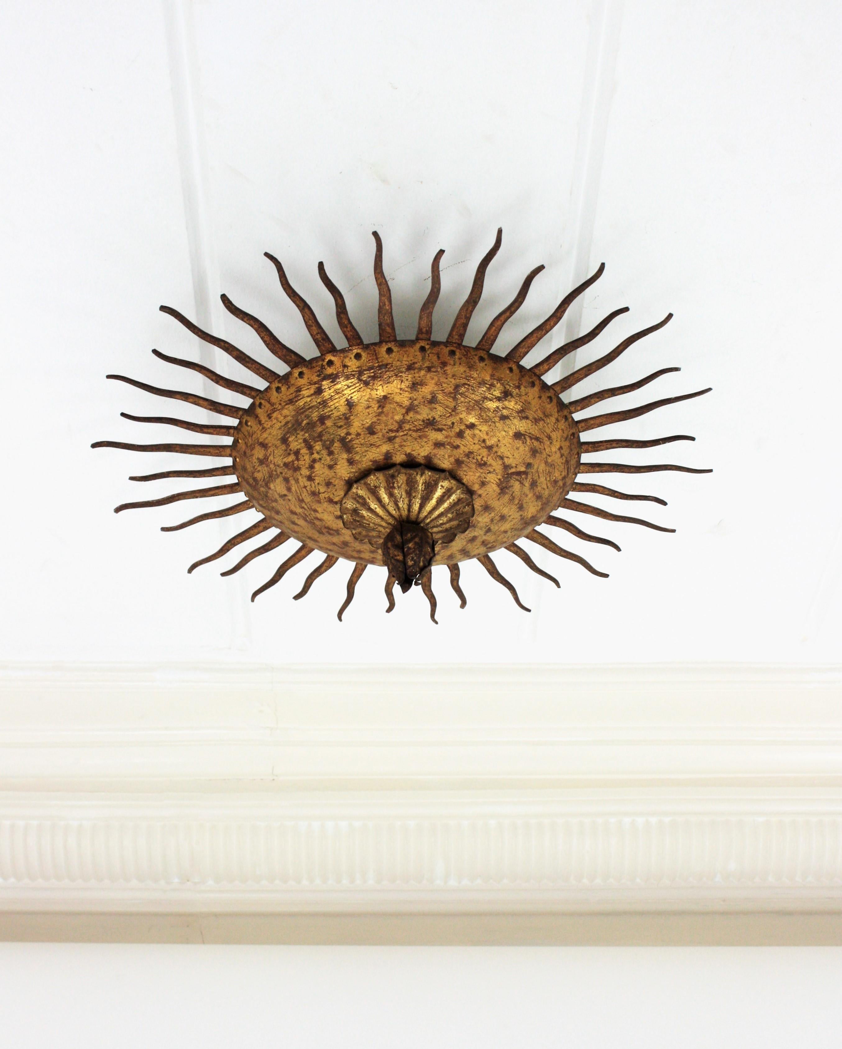 French Sunburst Curly Ceiling Light Fixture / Chandelier in Gilt Iron
