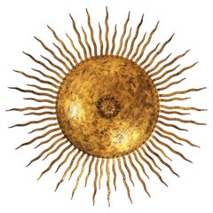 French Sunburst Flower Ceiling Light Fixture in Bronze Gilt Iron, 1940s ...