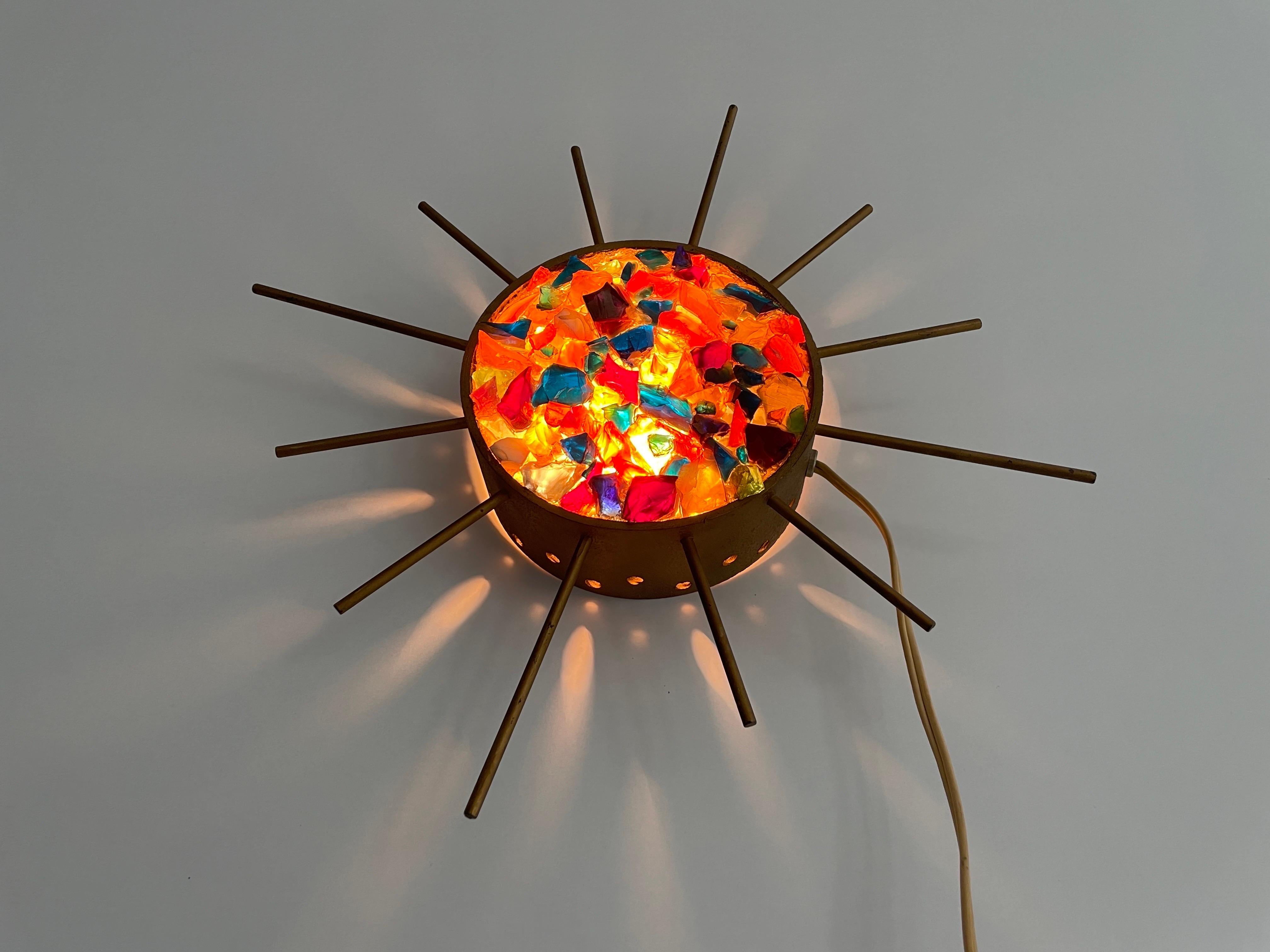 Sunburst Design Colorful Glass Pieces in Stone Form Wall Lamp, 1960s, Germany For Sale 4