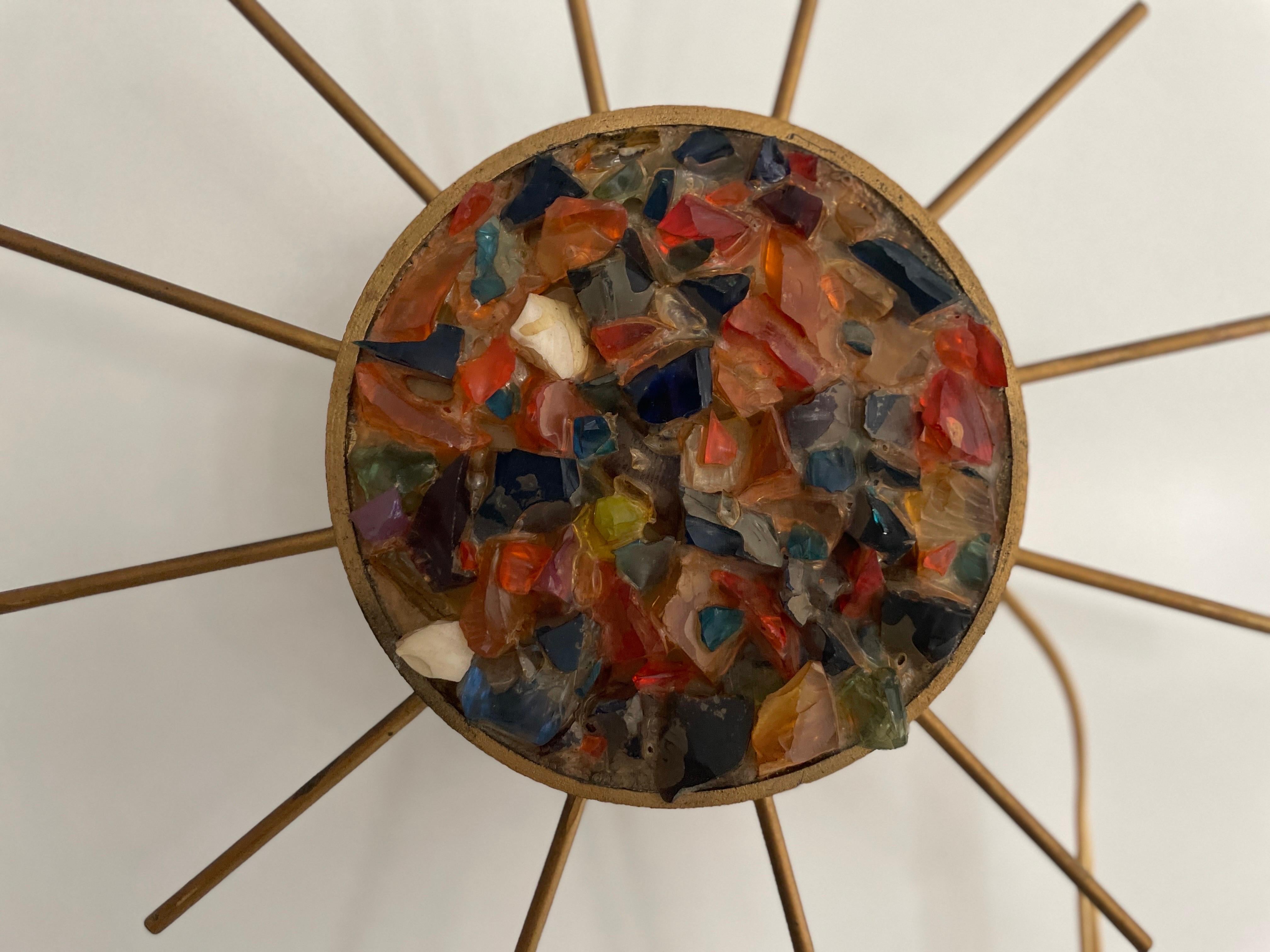 Sunburst Design Colorful Glass Pieces in Stone Form Wall Lamp, 1960s, Germany In Excellent Condition For Sale In Hagenbach, DE