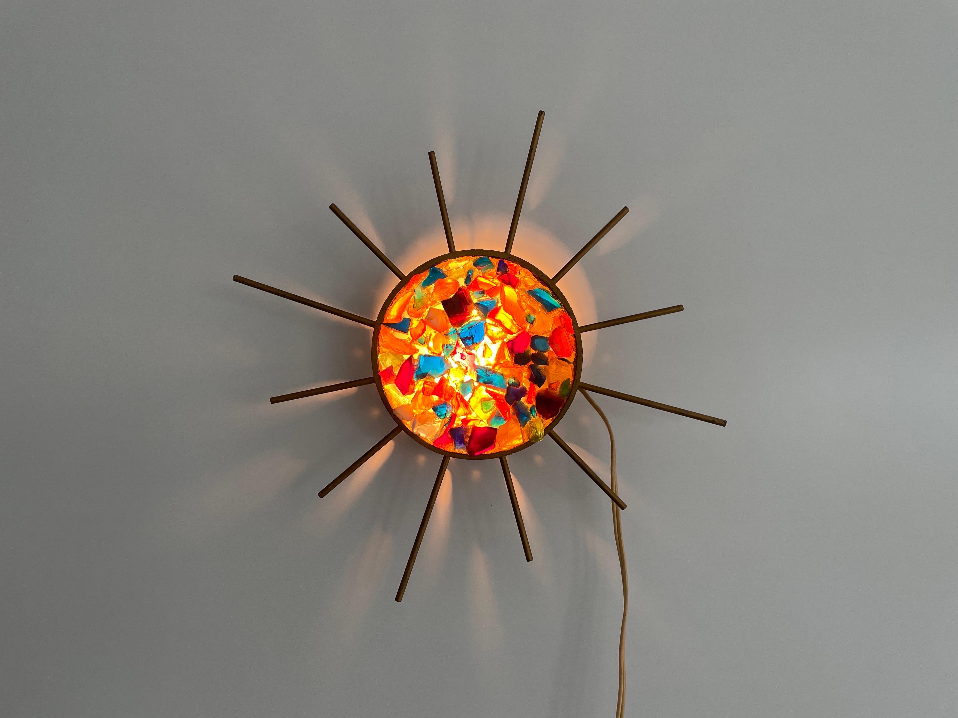 Metal Sunburst Design Colorful Glass Pieces in Stone Form Wall Lamp, 1960s, Germany For Sale