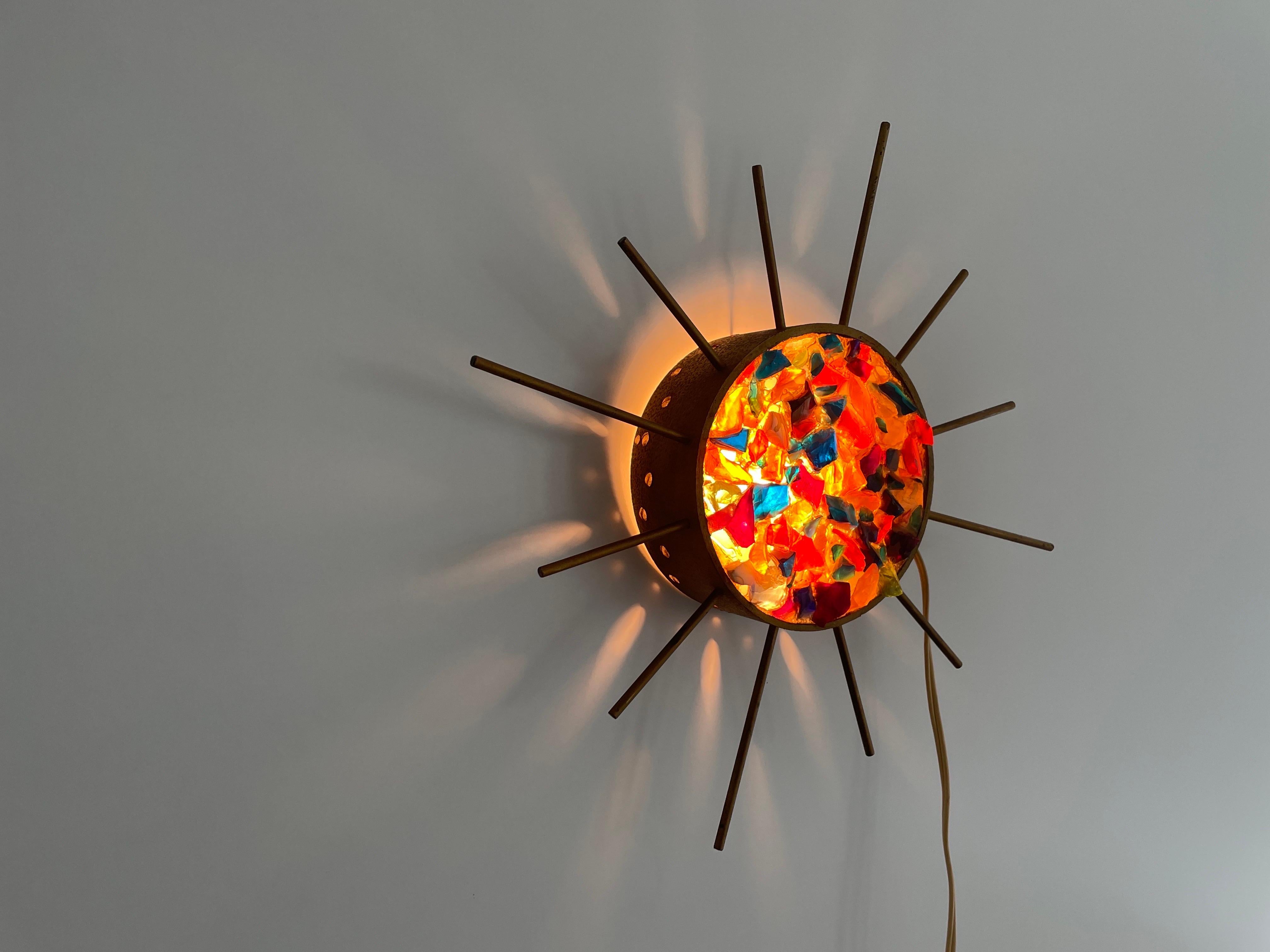 Sunburst Design Colorful Glass Pieces in Stone Form Wall Lamp, 1960s, Germany For Sale 2