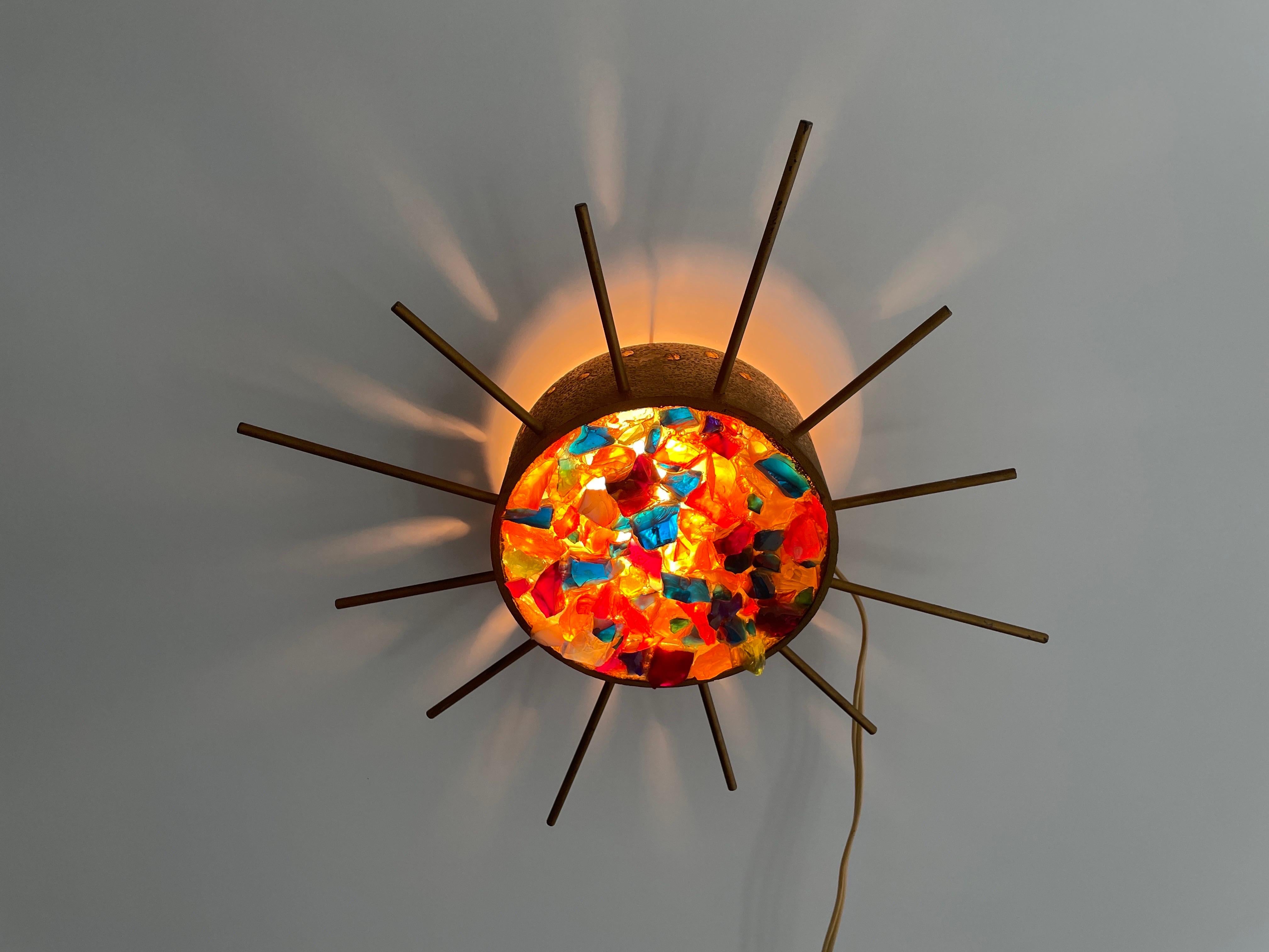 Sunburst Design Colorful Glass Pieces in Stone Form Wall Lamp, 1960s, Germany For Sale 3