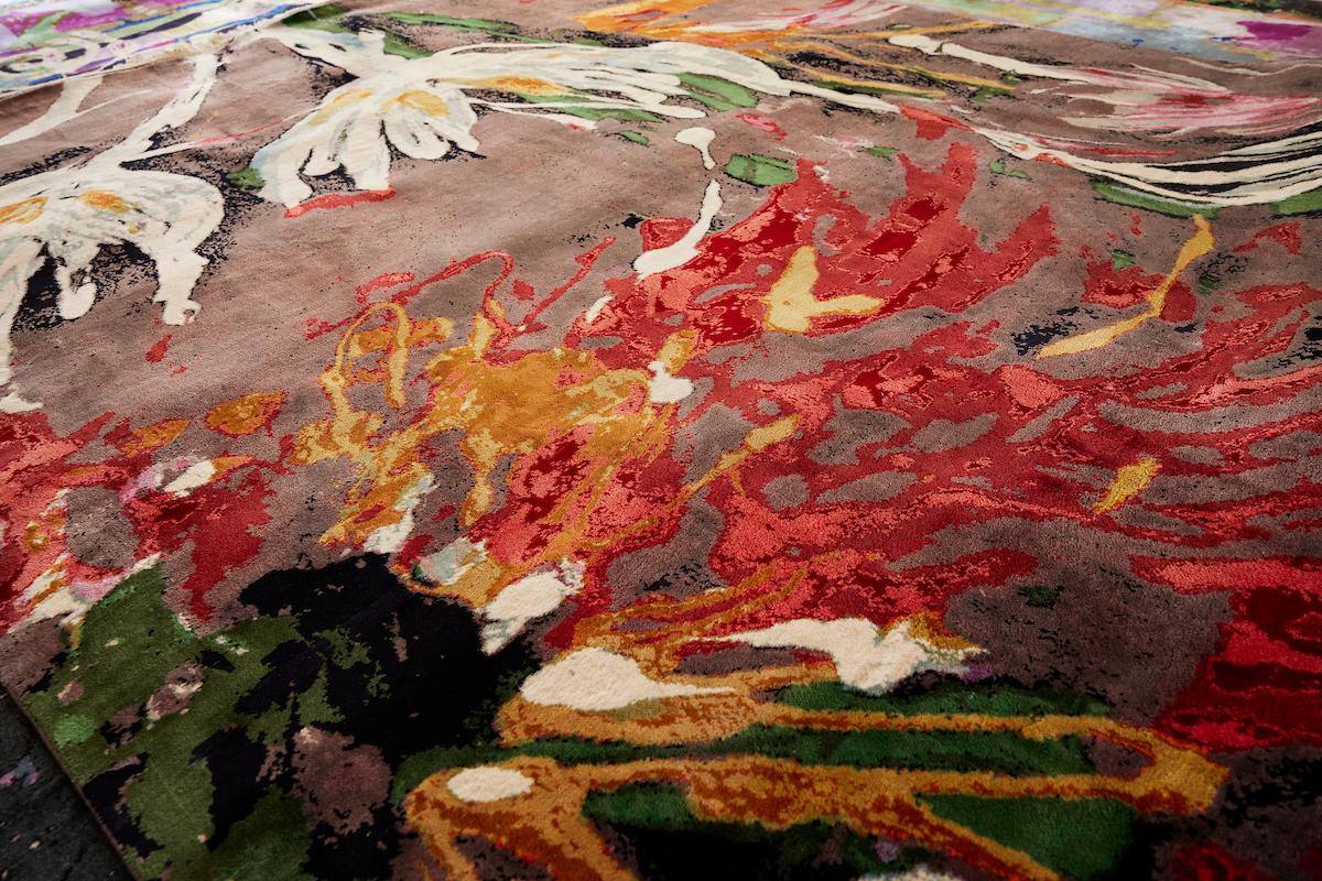 Indian Sunburst:  Designer hand-knotted  silk rug by Dena lawrence and woven in Kashmir For Sale