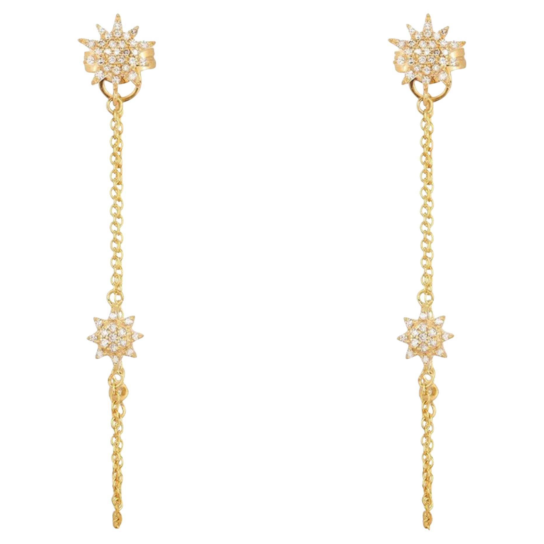 Boucles d'oreilles pendantes en or jaune 14K (ou 18k sur demande) avec diamant en forme de soleil
