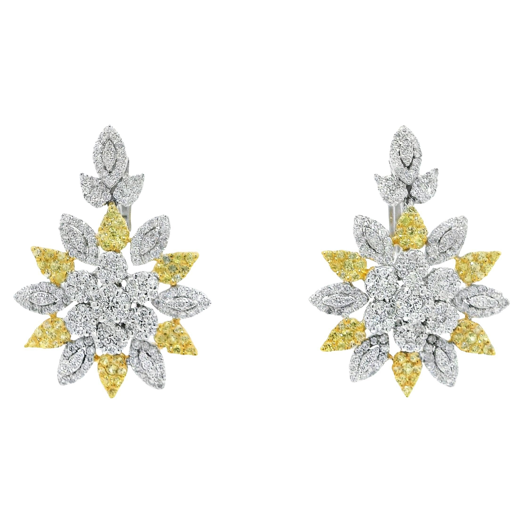 Sunburst Diamond and Yellow Sapphire Dangle Earrings in 18K White Gold